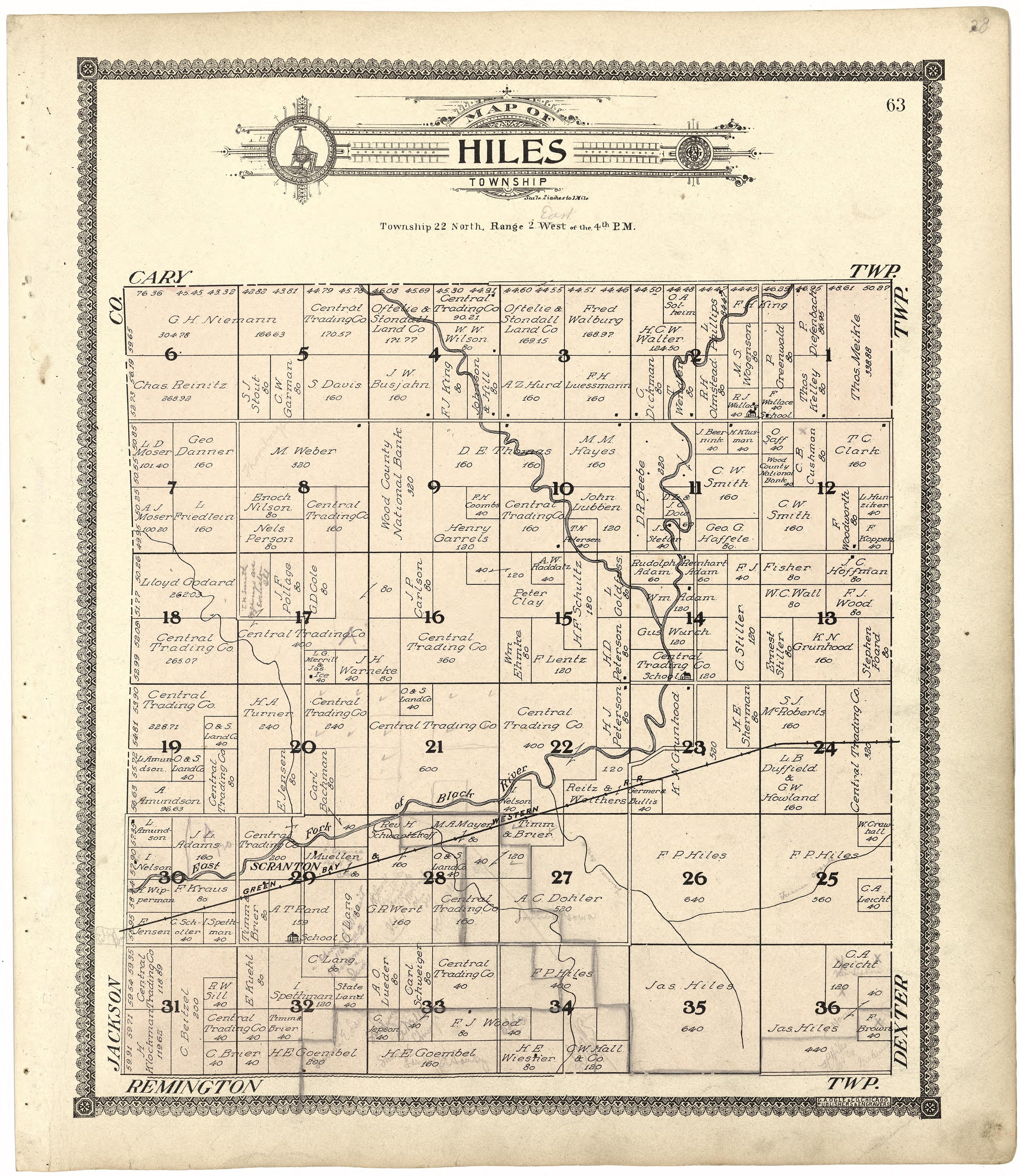 Map of Hiles Township from Standard Atlas of Wood County, Wisconsin : Including a Plat Book of the Villages, Cities and Townships of the County, Map of the State, United States and World : Patrons Directory, Reference … 1909 by Relic Map Company