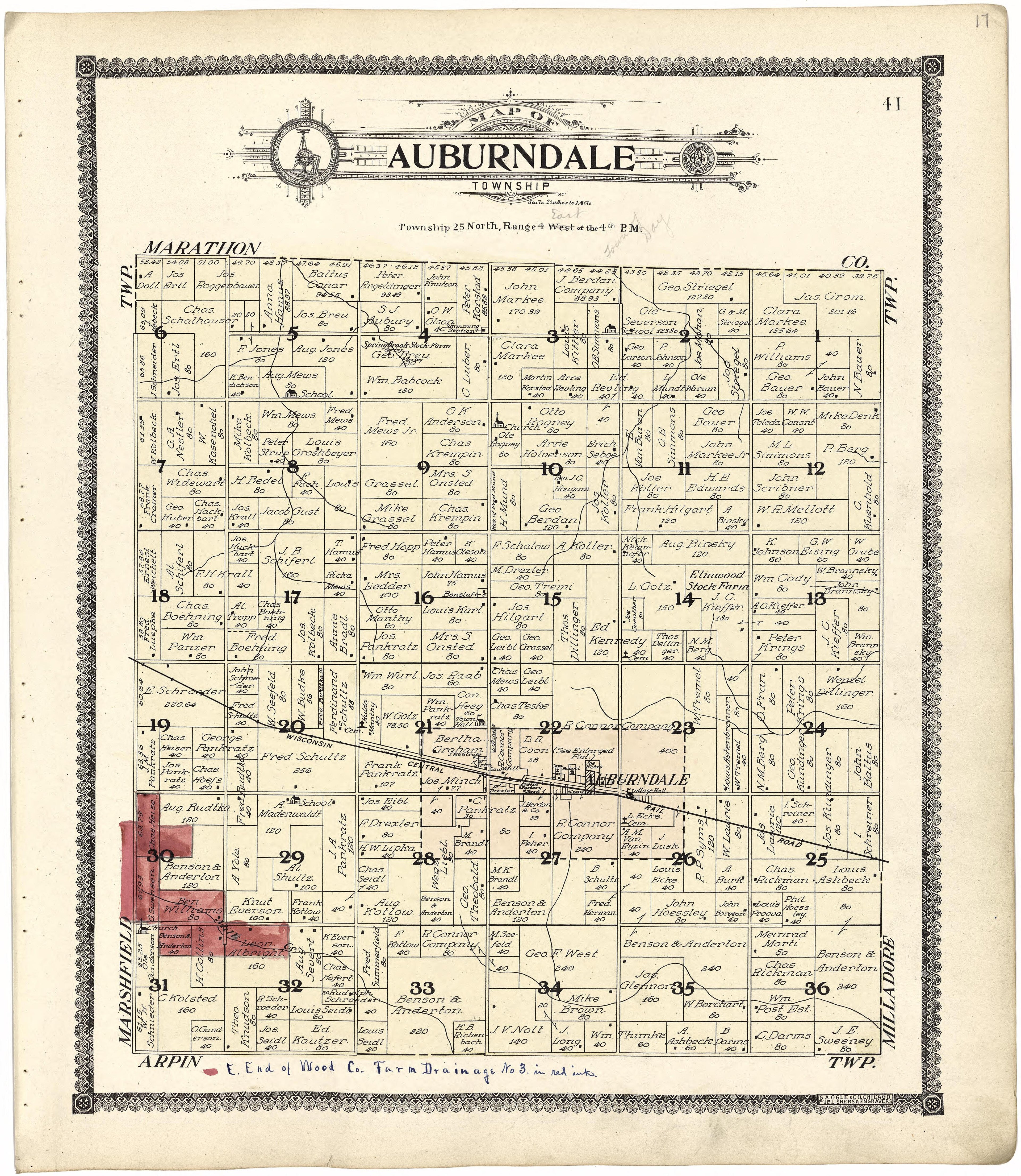 Map of Auburndale Township from Standard Atlas of Wood County, Wisconsin : Including a Plat Book of the Villages, Cities and Townships of the County, Map of the State, United States and World : Patrons Directory, Reference … 1909 by Relic Map Company