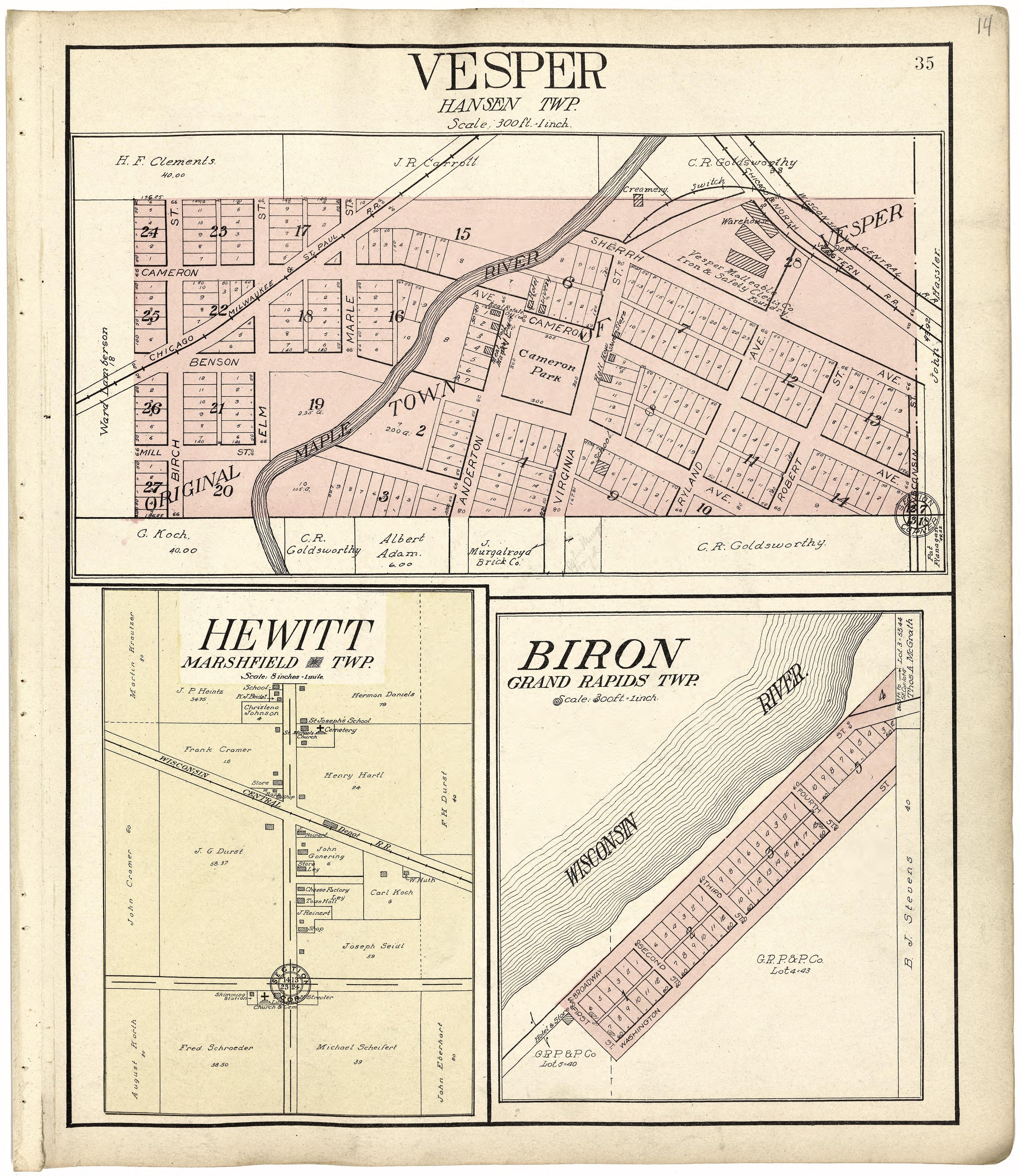 Vesper; Hewitt; Biron from Standard Atlas of Wood County, Wisconsin : Including a Plat Book of the Villages, Cities and Townships of the County, Map of the State, United States and World : Patrons Directory, Reference … 1909 by Relic Map Company