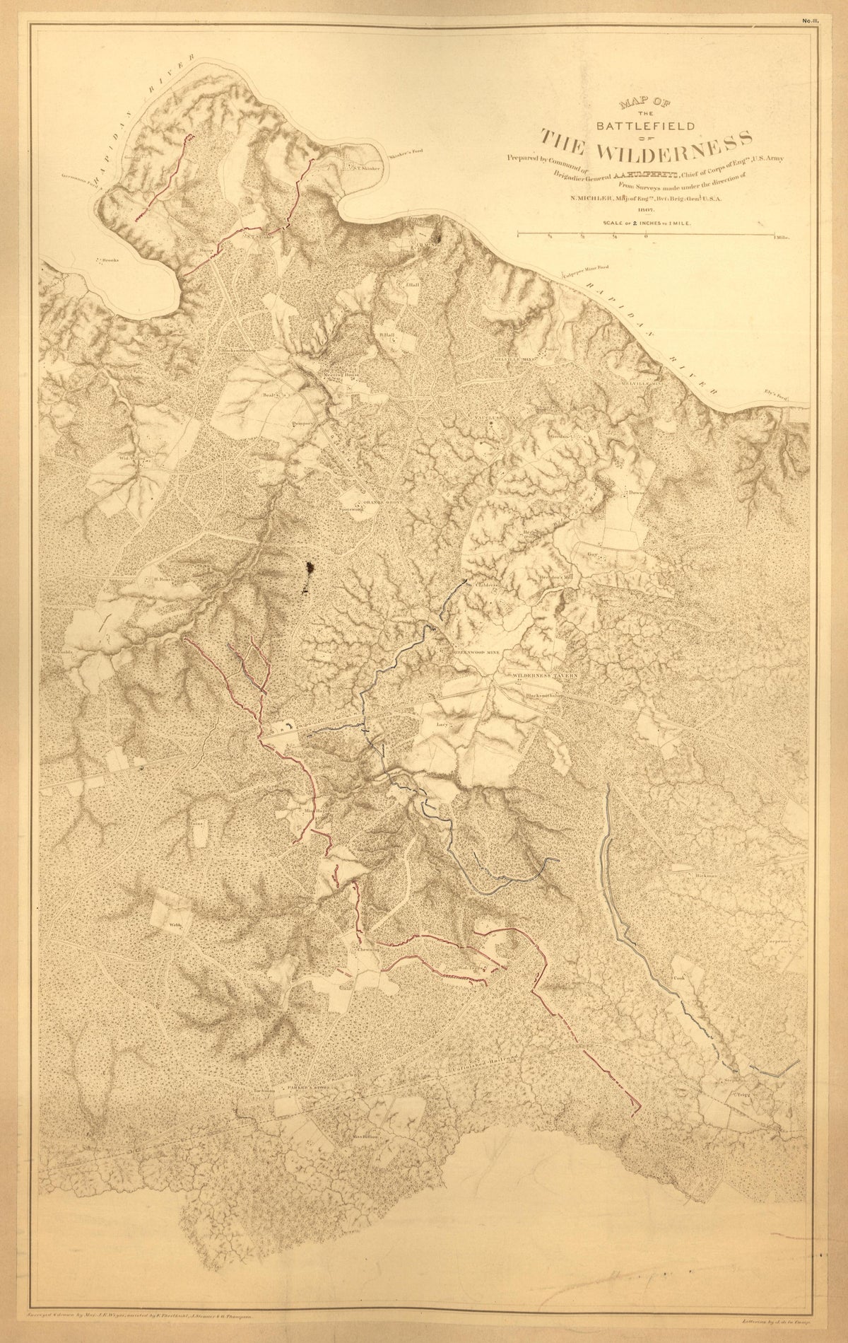 No. III - Map of the Battlefield of the Wilderness from Military Maps Illustrating the Operations of the Armies of the Potomac and James Against Richmond, May 4th, 1864 to April 9th, 1865 : Including Battlefields of the Wilderness, Totopotomoy, North ... by Relic Map Company