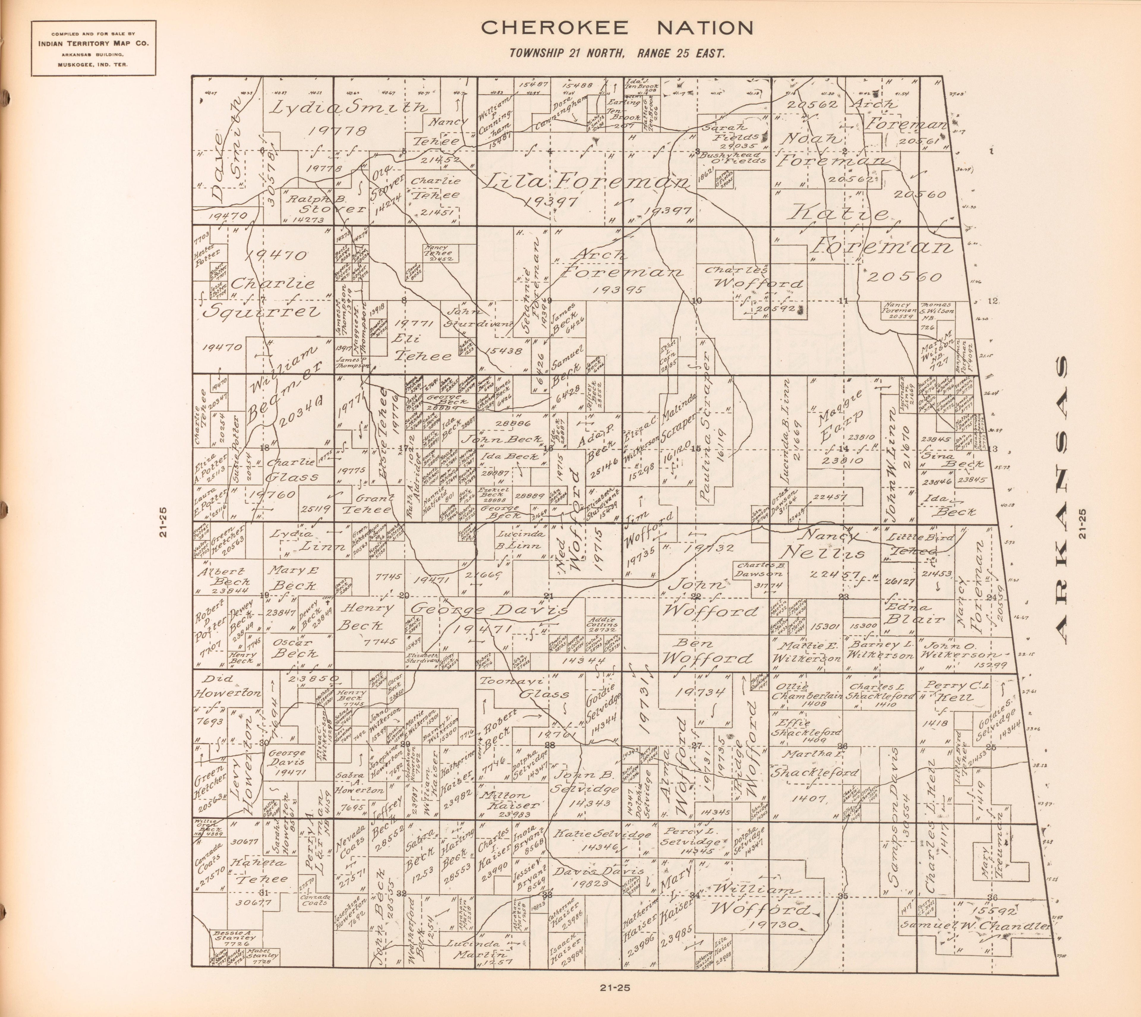 Township 21 North, Range 25 East from Cherokee Nation 1909 by Relic Map Company