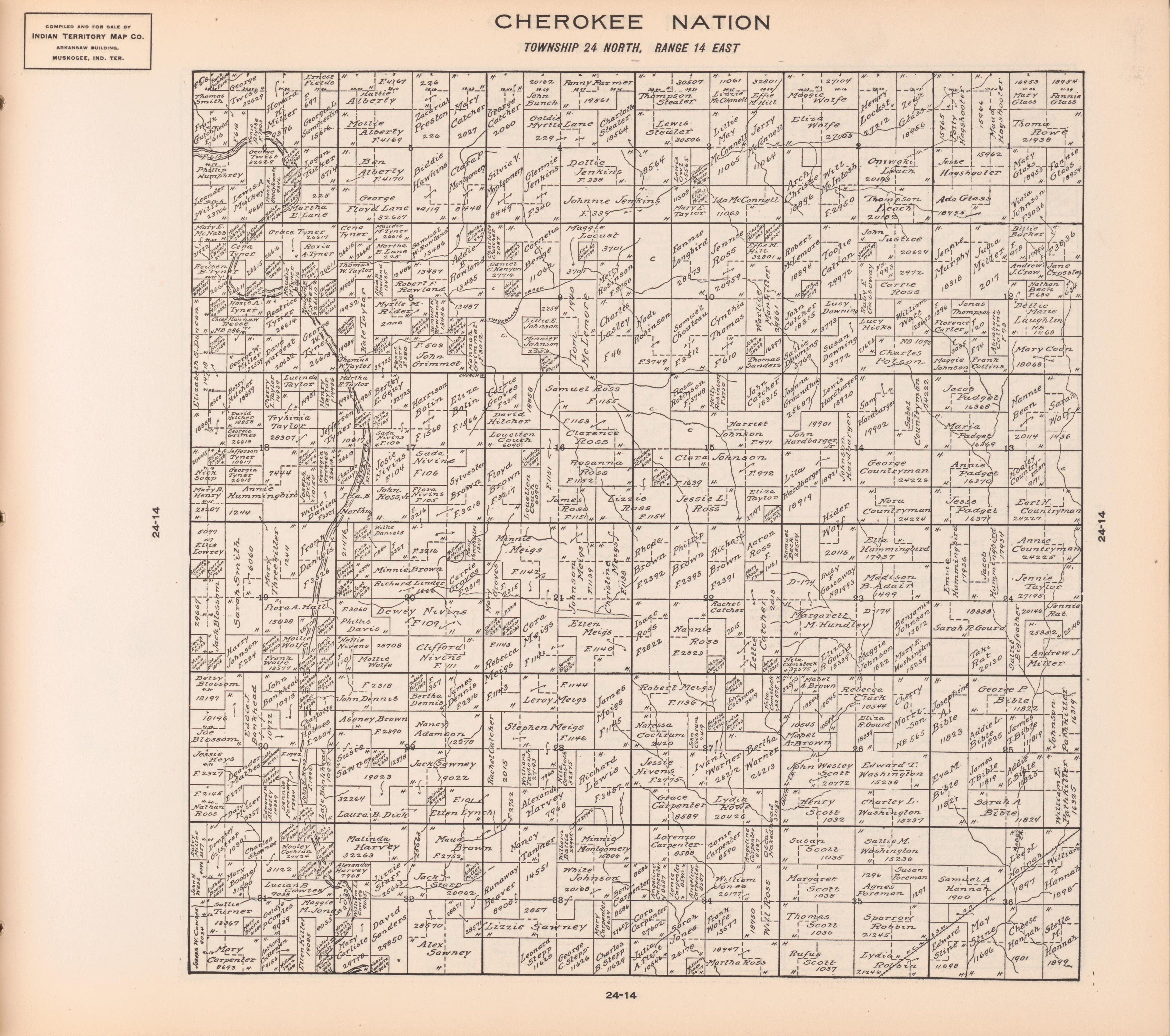 Township 24 North, Range 14 East from Cherokee Nation 1909 by Relic Map Company