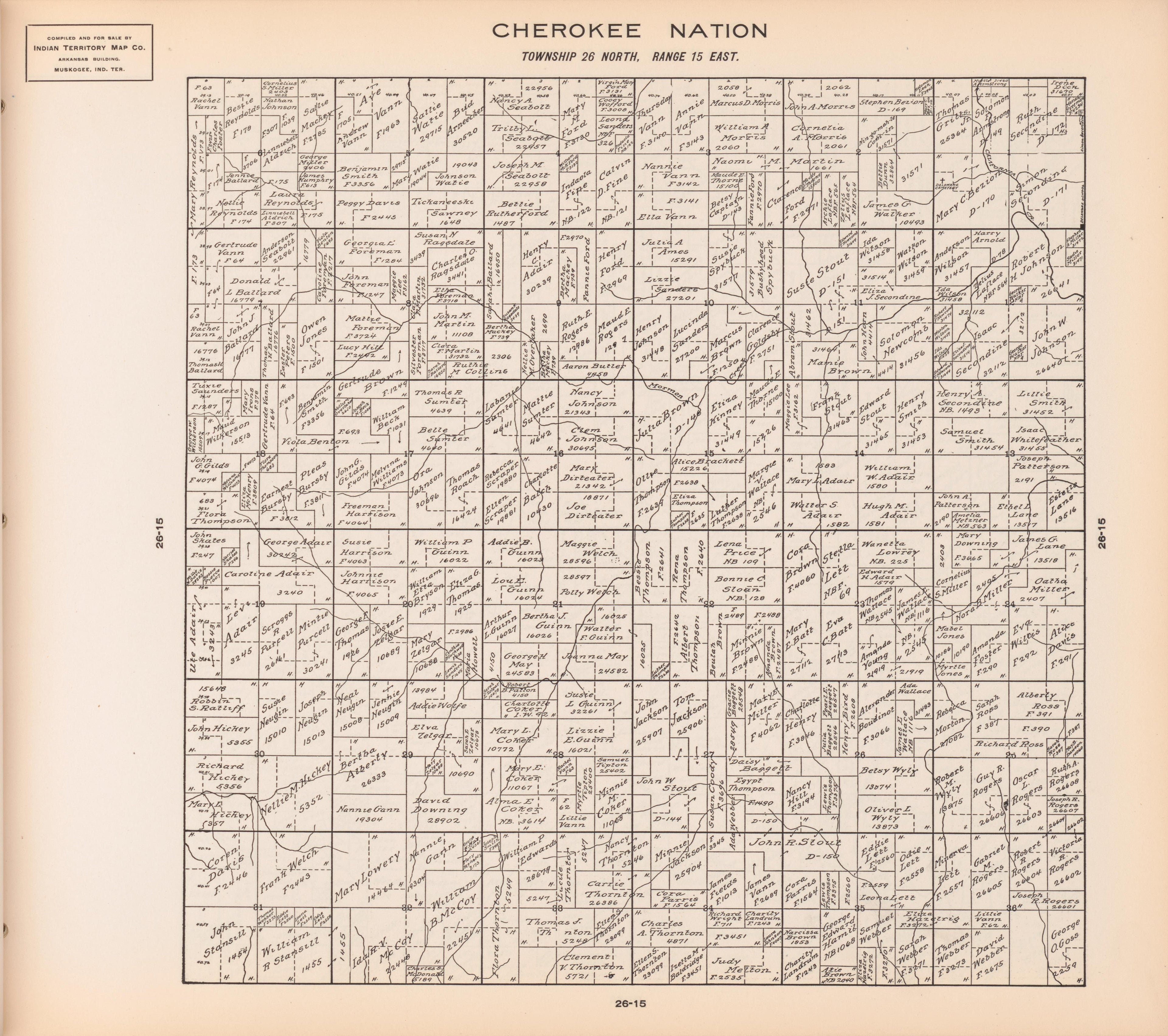 Township 26 North, Range 15 East from Cherokee Nation 1909 by Relic Map Company