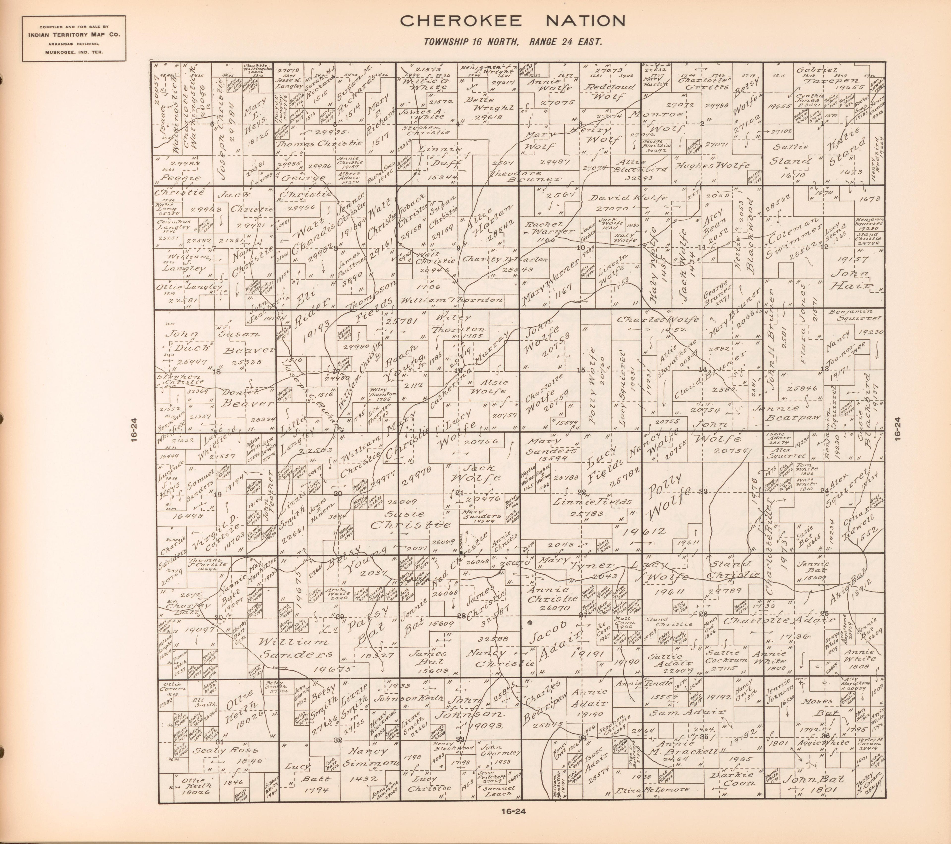 Township 16 North, Range 24 East from Cherokee Nation 1909 by Relic Map Company
