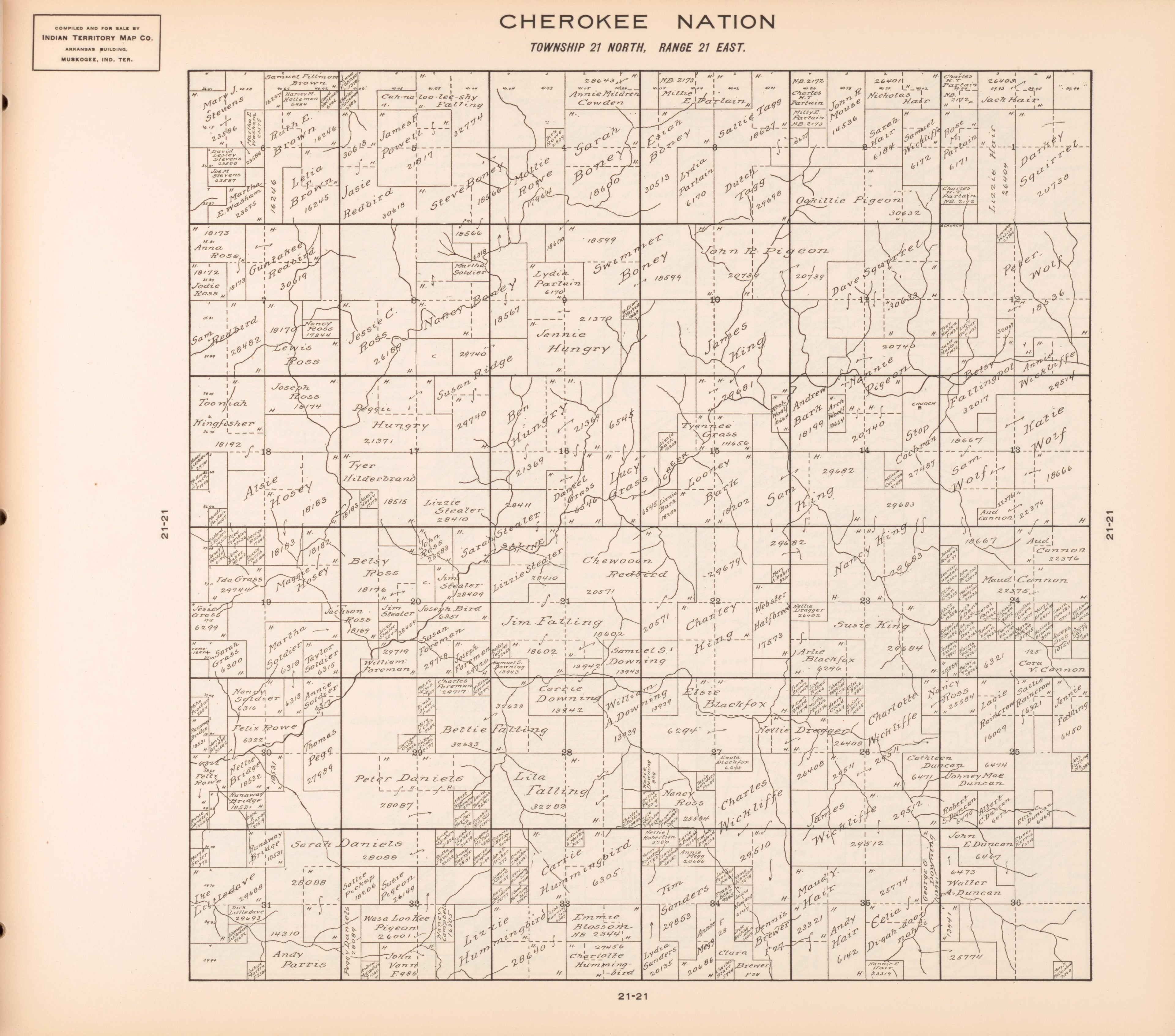 Township 21 North, Range 21 East from Cherokee Nation 1909 by Relic Map Company