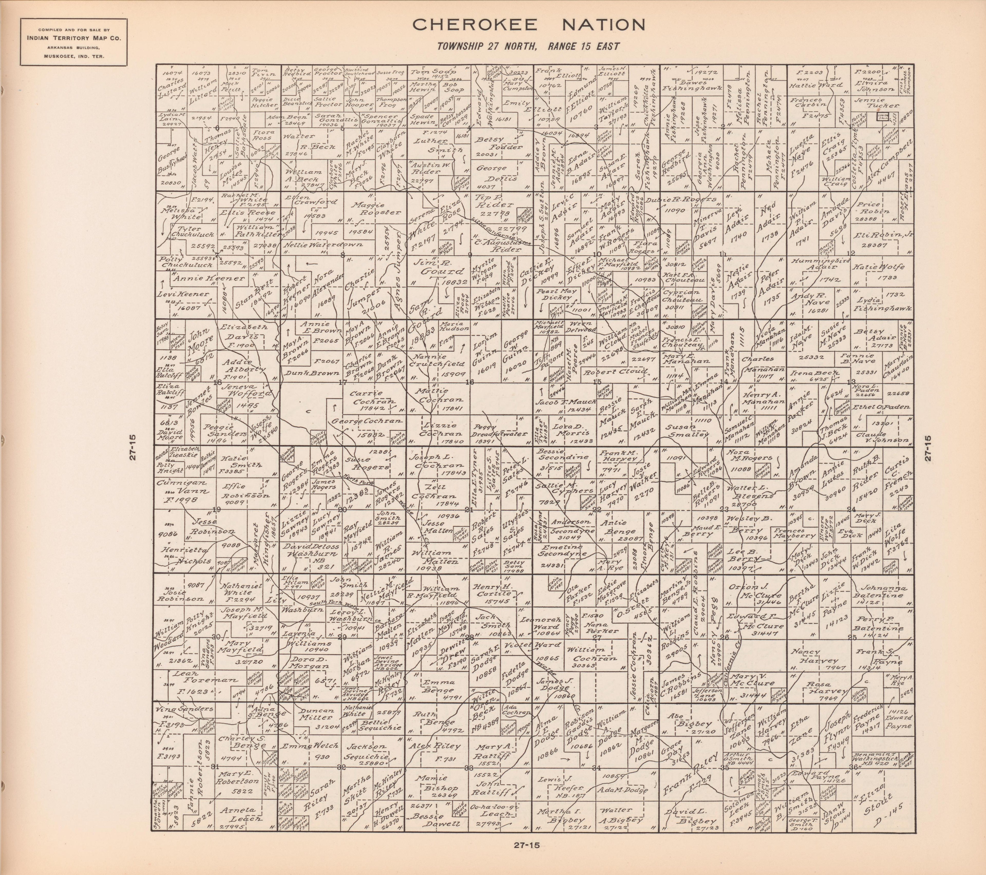 Township 27 North, Range 15 East from Cherokee Nation 1909 by Relic Map Company