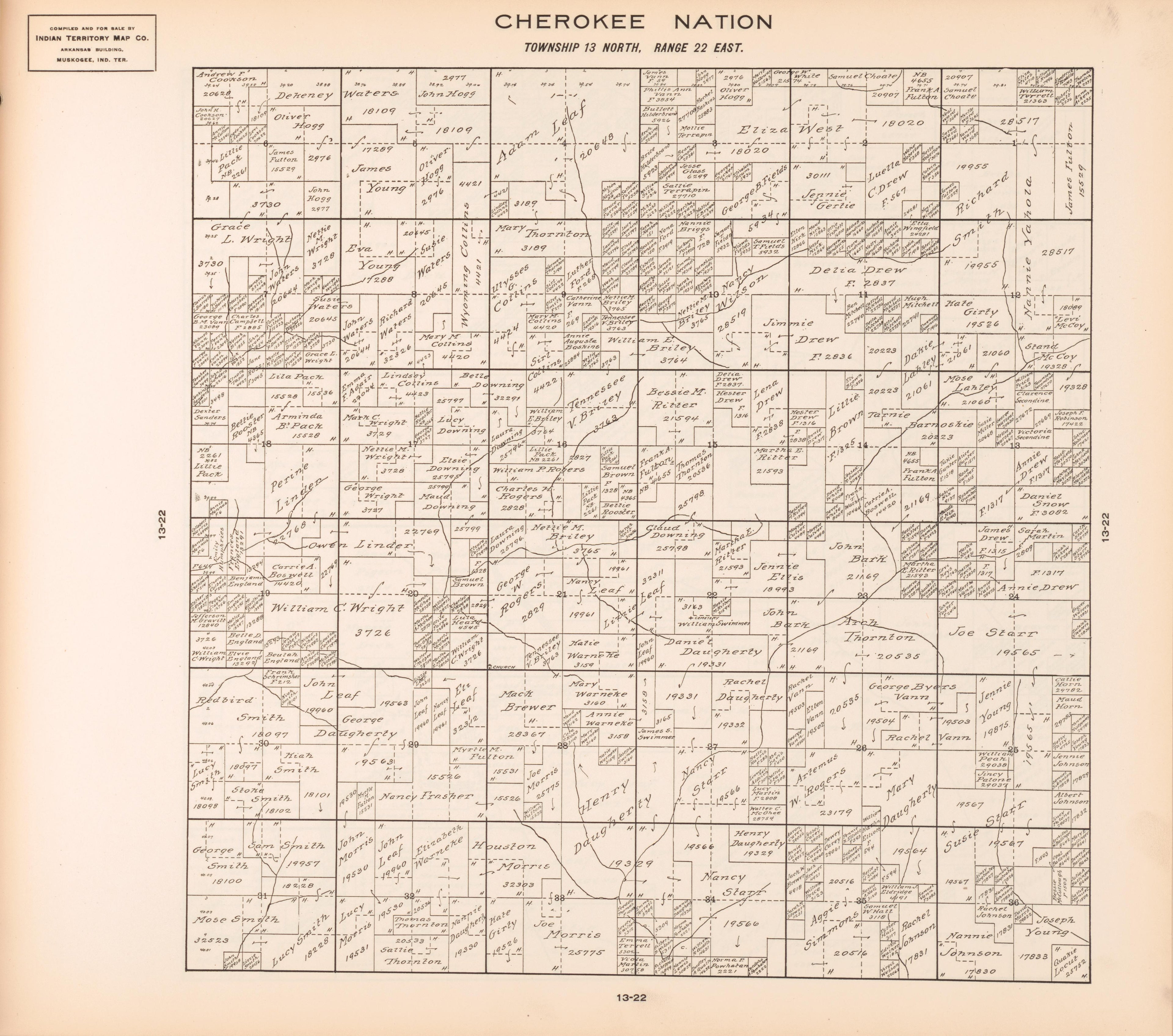 Township 13 North, Range 22 East from Cherokee Nation 1909 by Relic Map Company