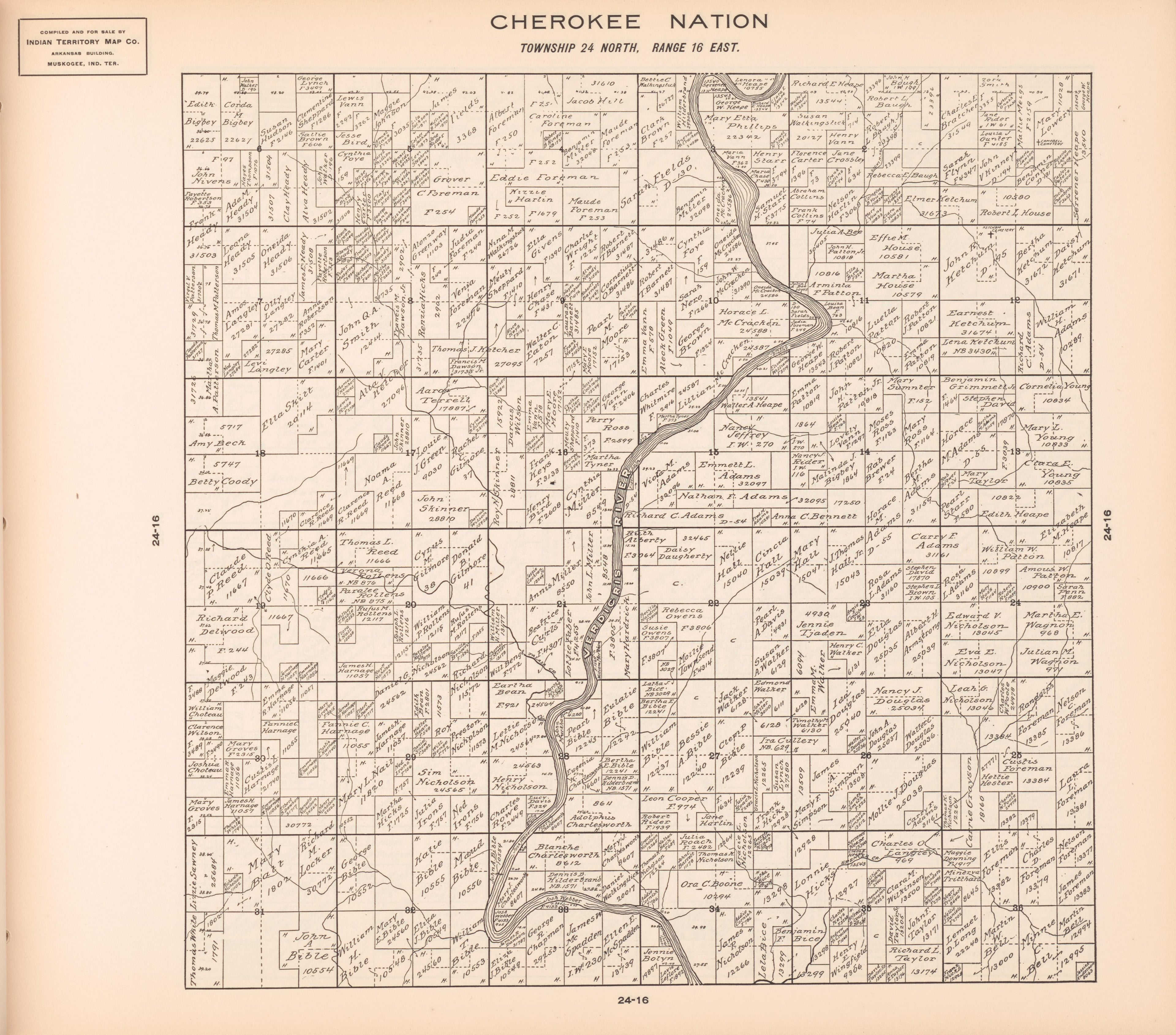 Township 24 North, Range 16 East from Cherokee Nation 1909 by Relic Map Company