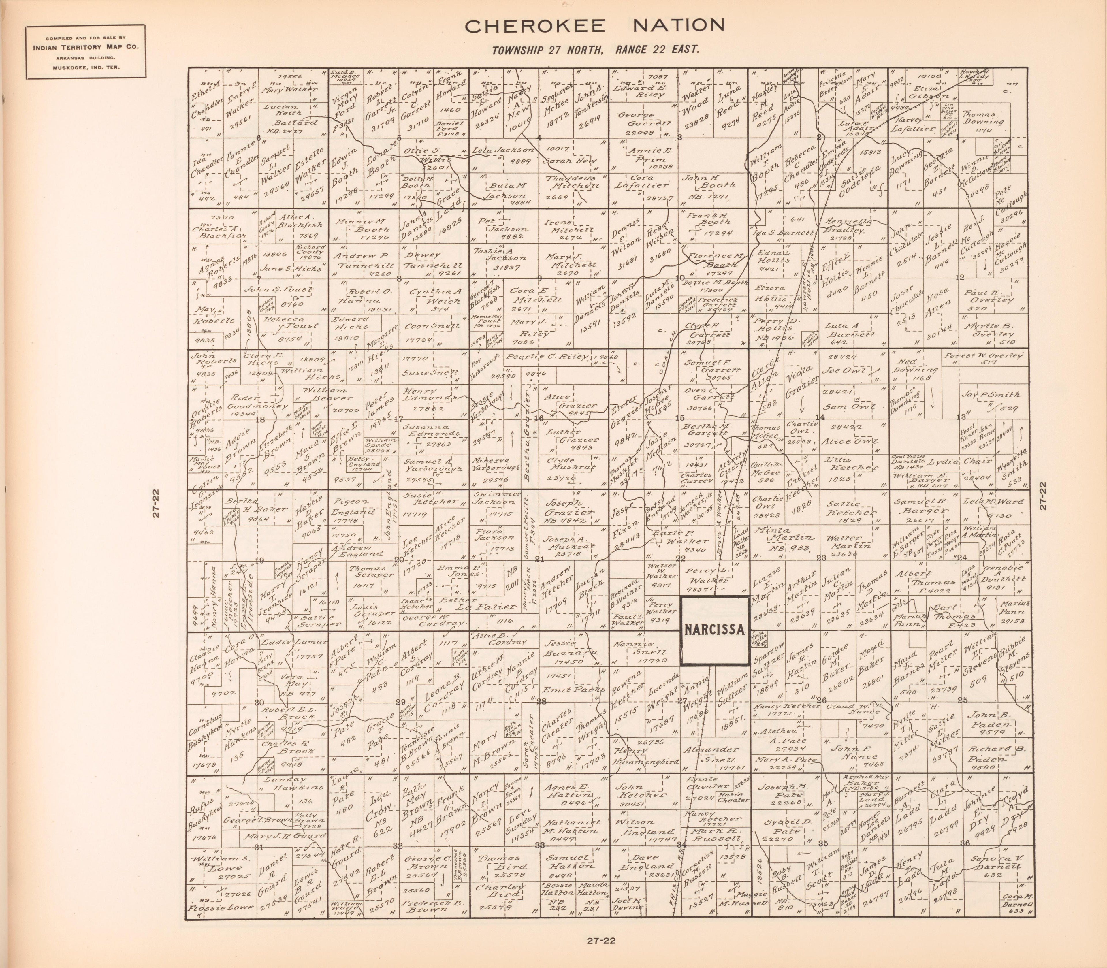 Township 27 North, Range 22 East from Cherokee Nation 1909 by Relic Map Company