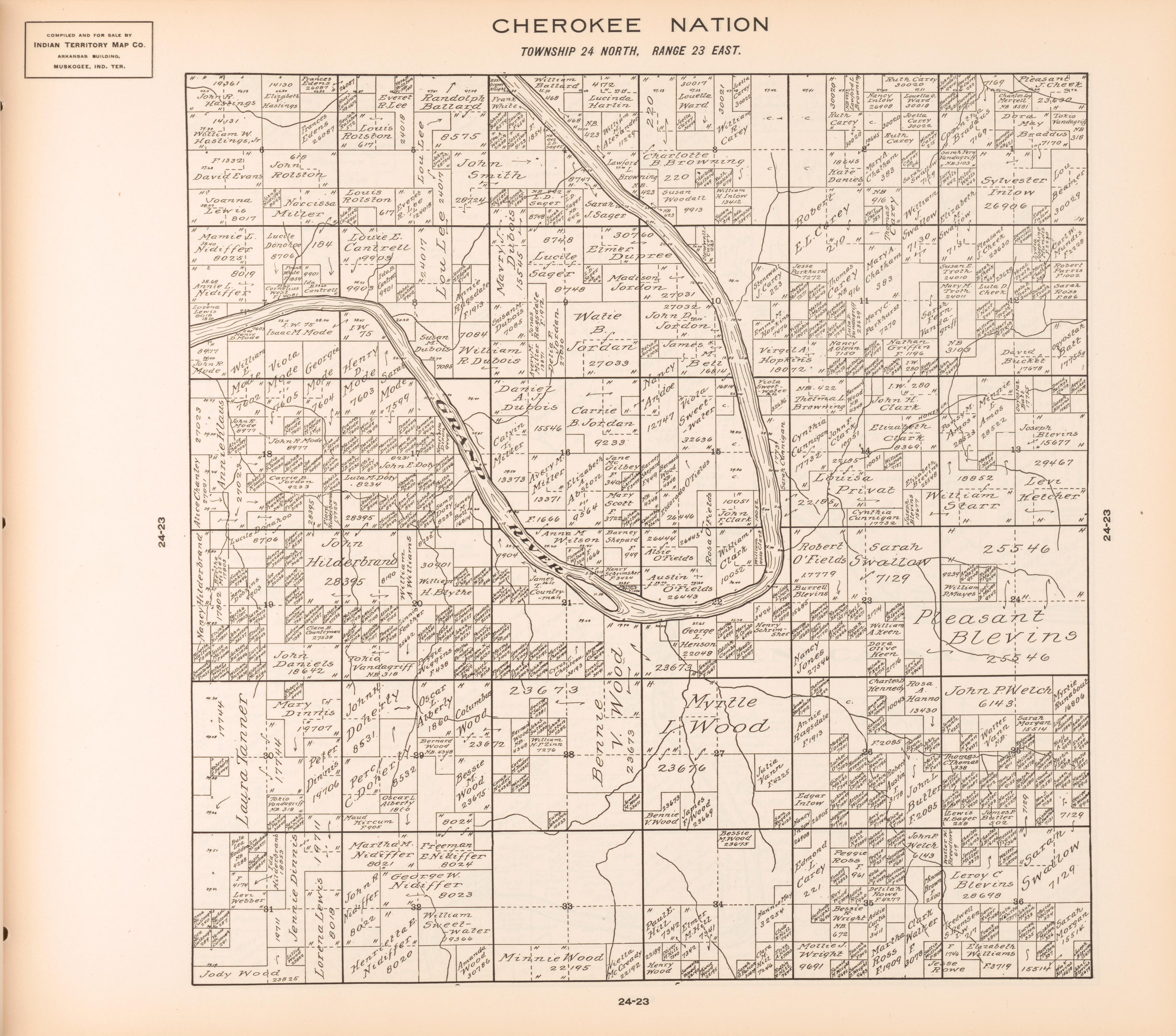 Township 24 North, Range 23 East from Cherokee Nation 1909 by Relic Map Company
