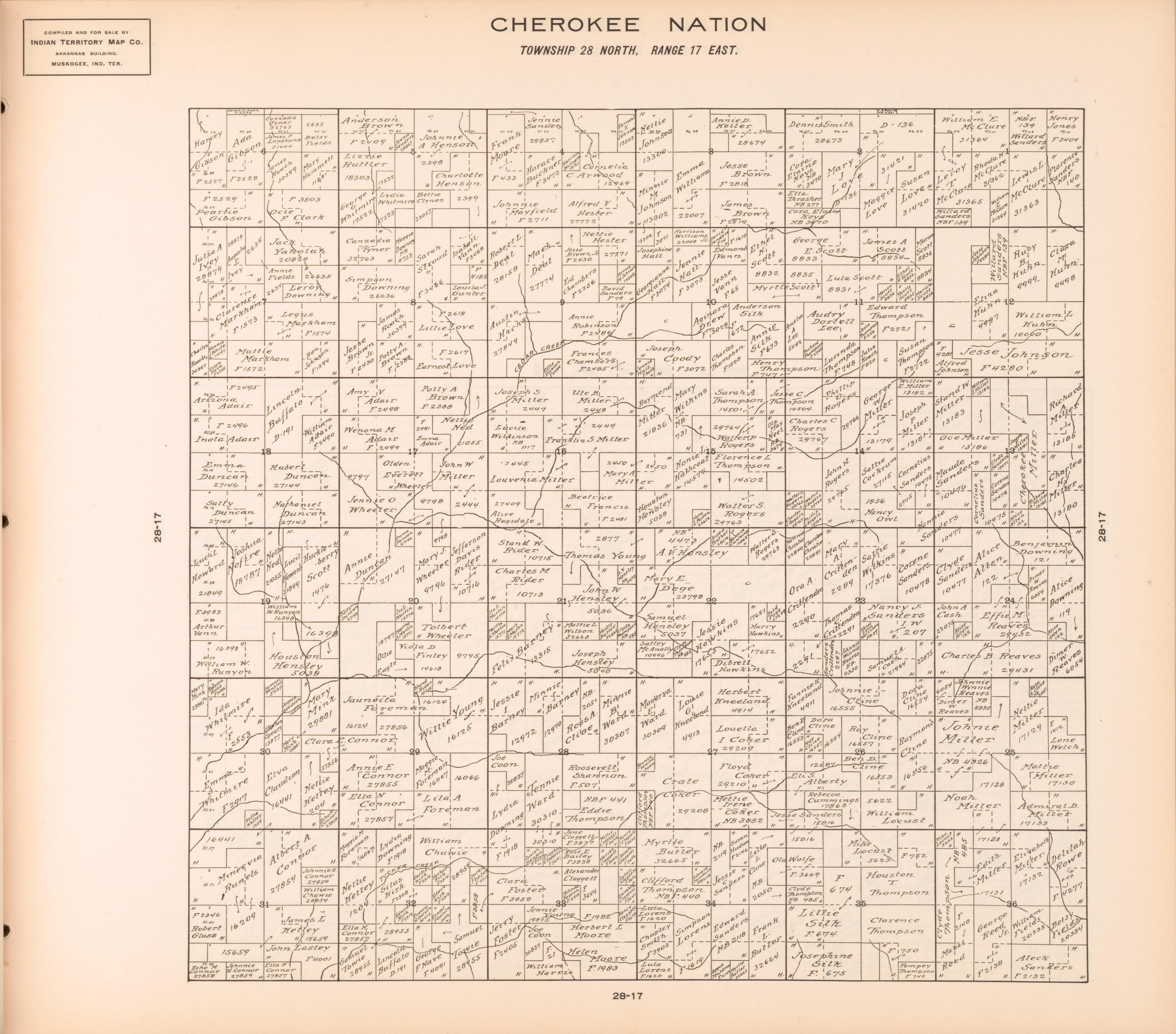 Township 28 North, Range 17 East from Cherokee Nation 1909 by Relic Map Company