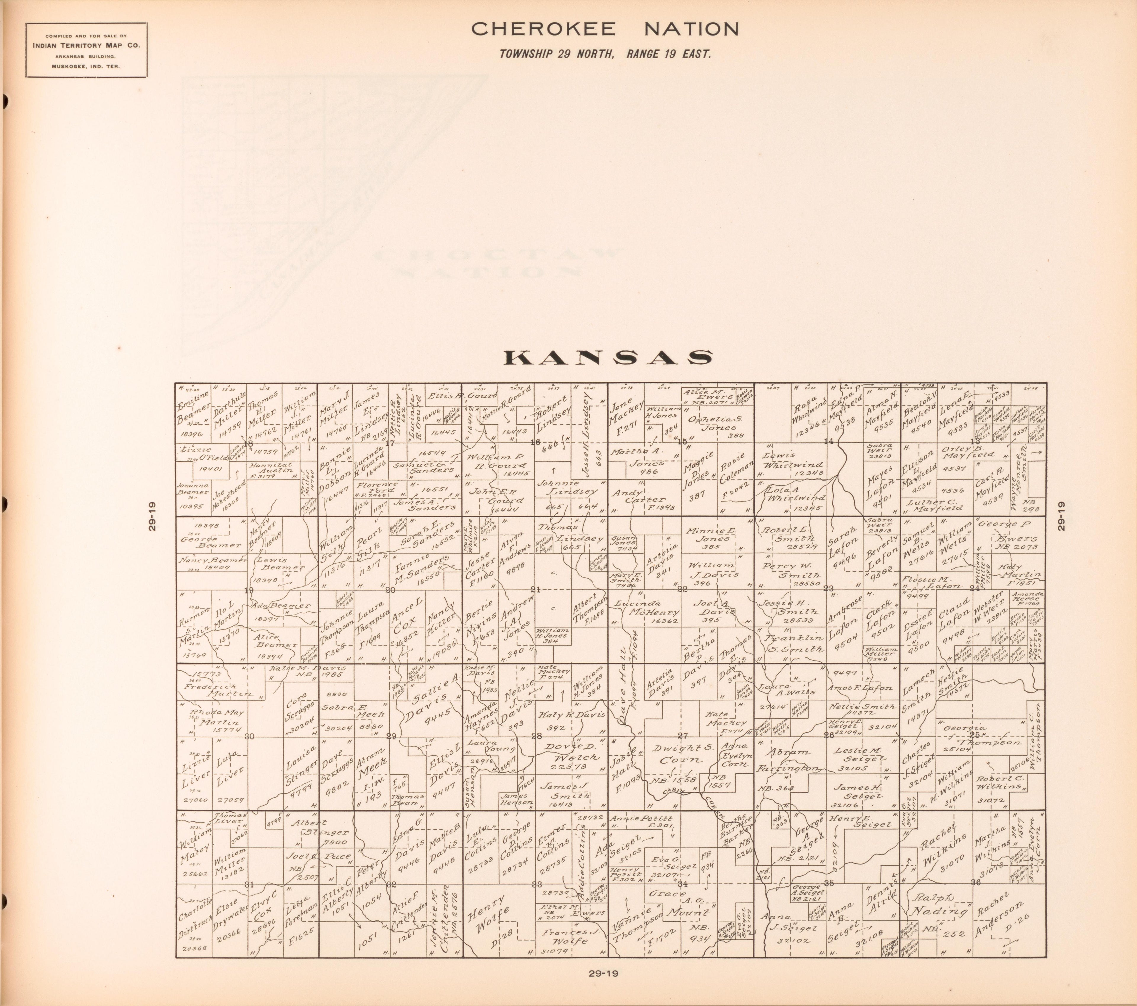 Township 29 North, Range 19 East from Cherokee Nation 1909 by Relic Map Company