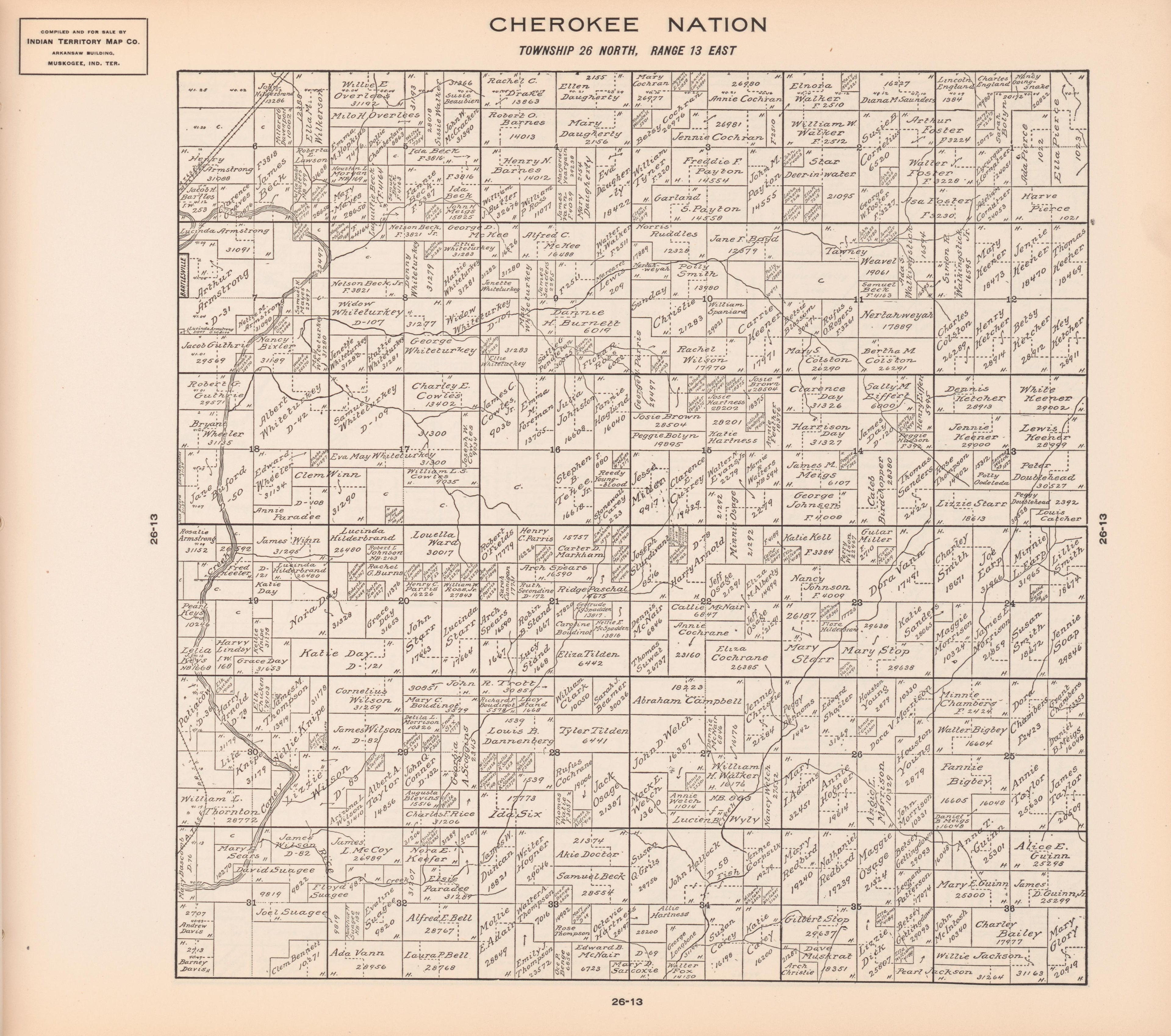 Township 26 North, Range 13 East from Cherokee Nation 1909 by Relic Map Company