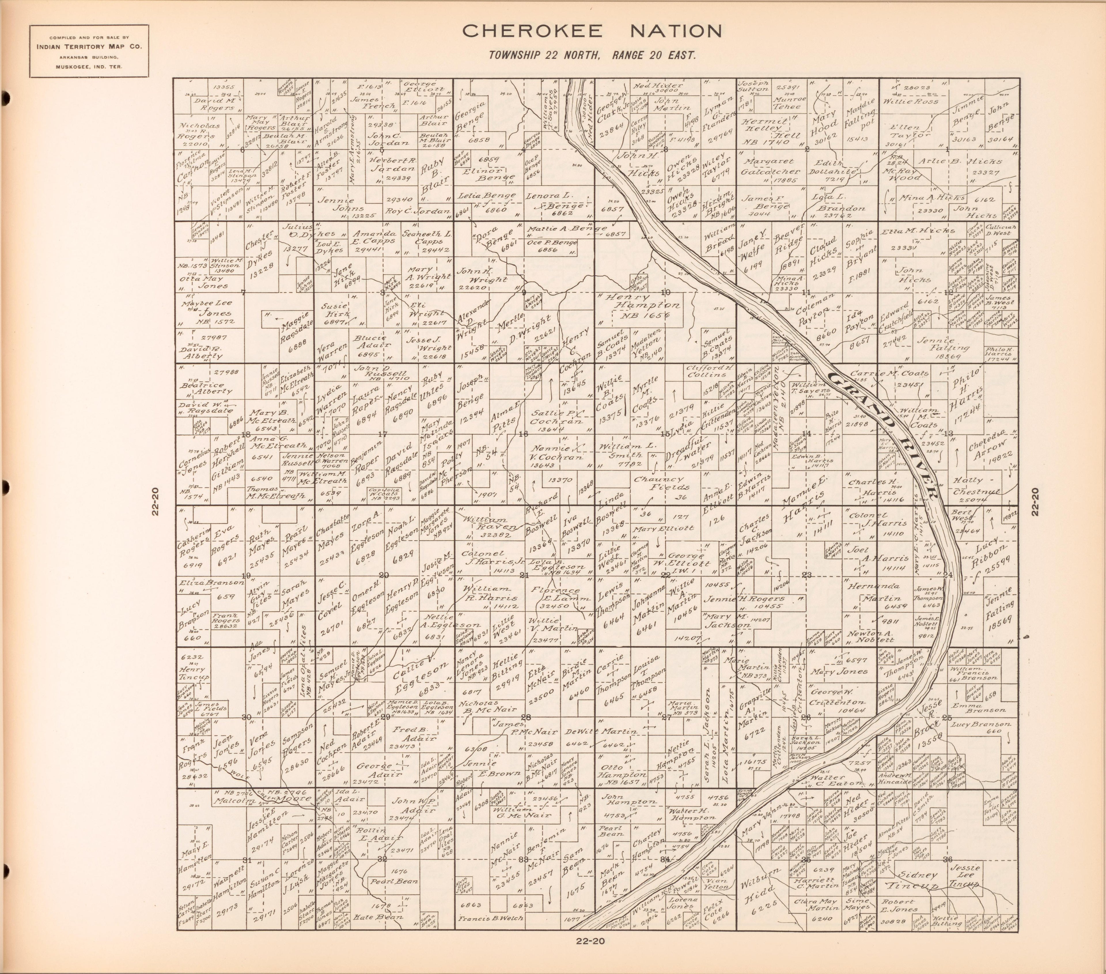 Township 22 North, Range 20 East from Cherokee Nation 1909 by Relic Map Company