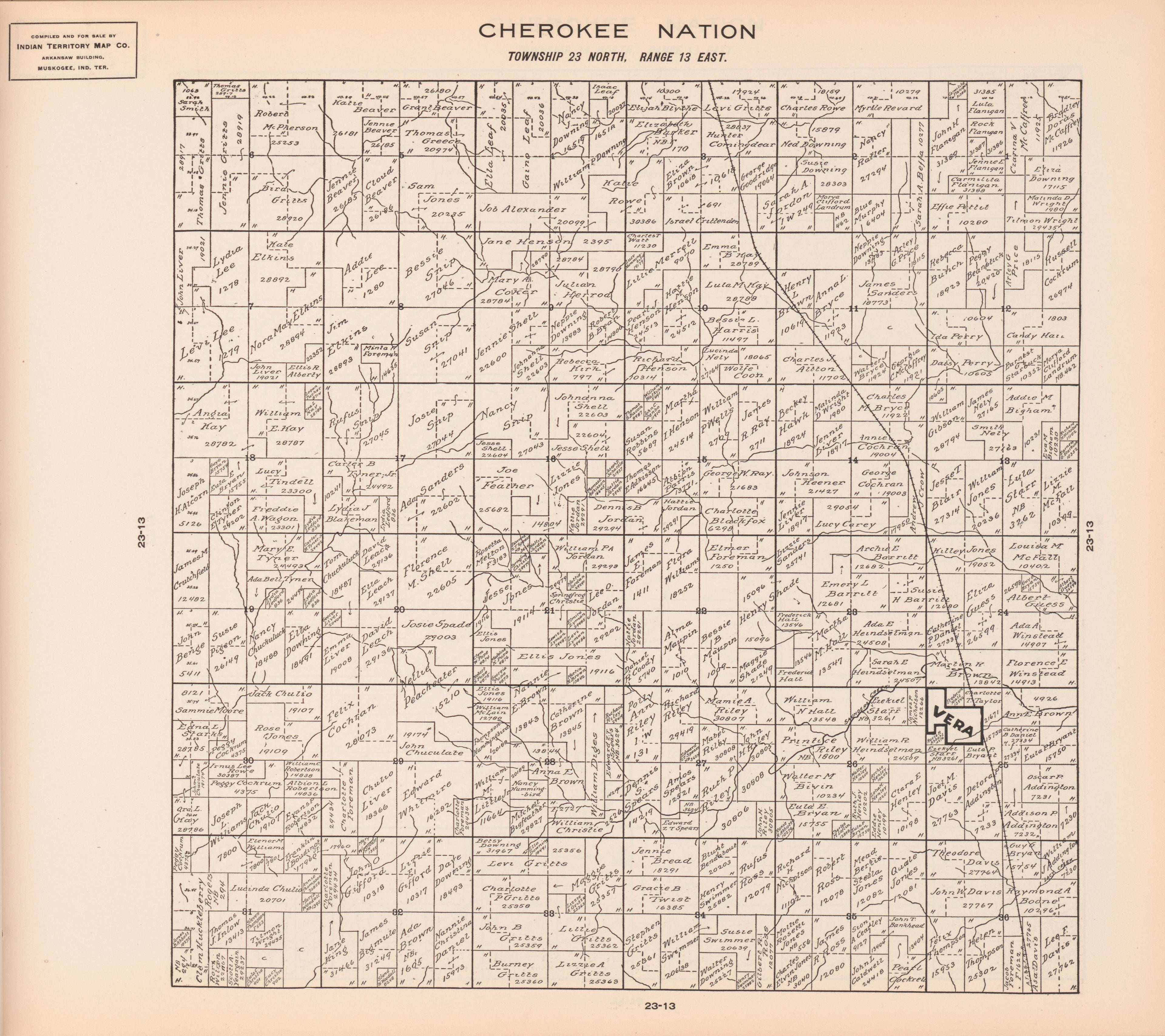 Township 23 North, Range 13 East from Cherokee Nation 1909 by Relic Map Company