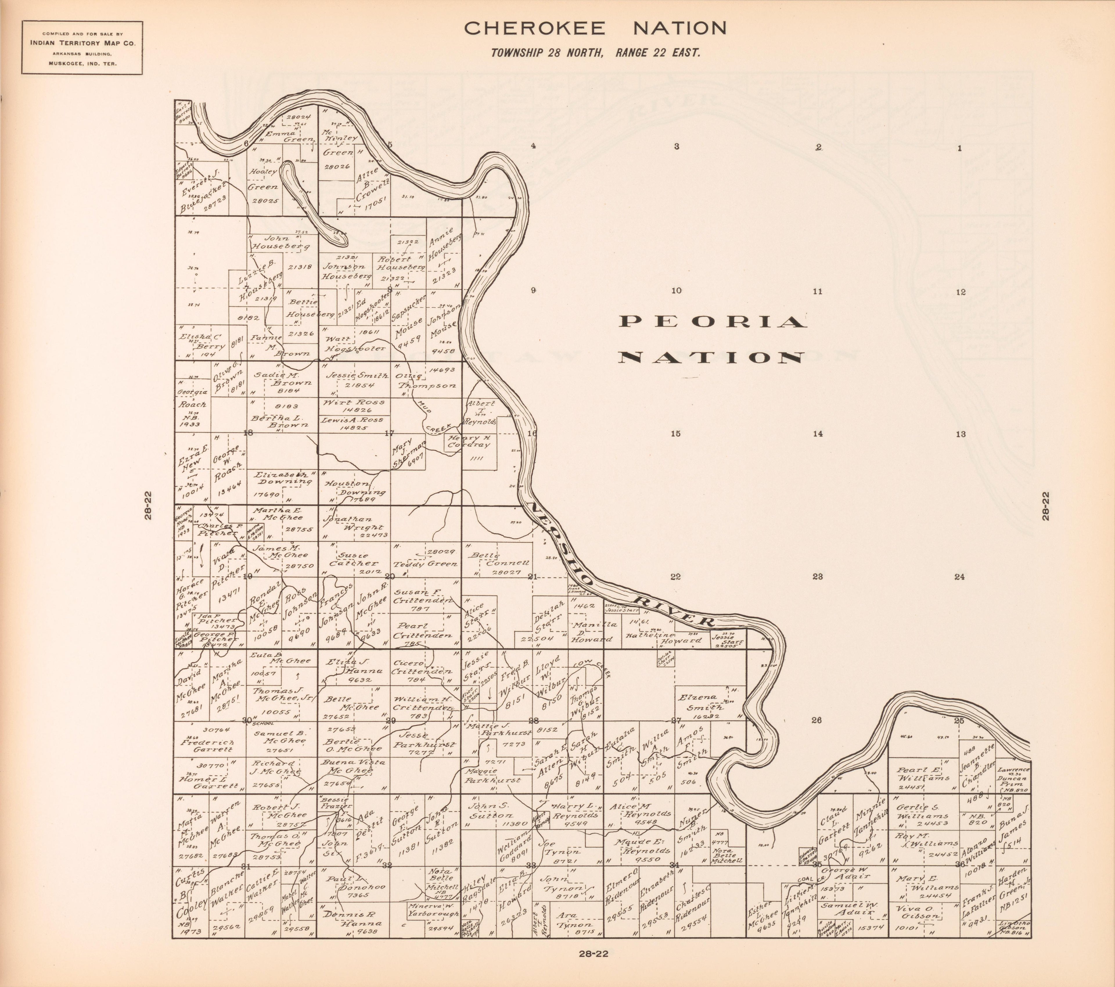 Township 28 North, Range 22 East from Cherokee Nation 1909 by Relic Map Company