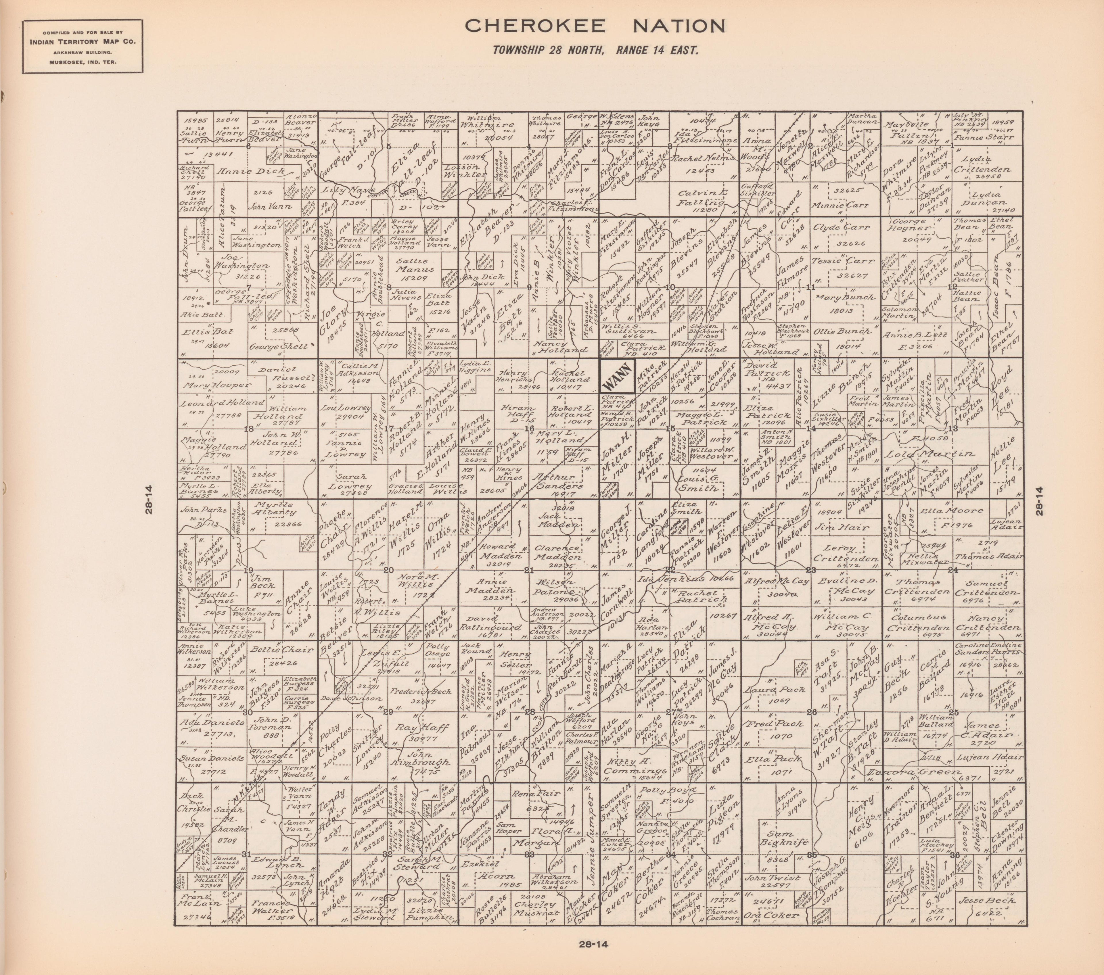 Township 28 North, Range 14 East from Cherokee Nation 1909 by Relic Map Company