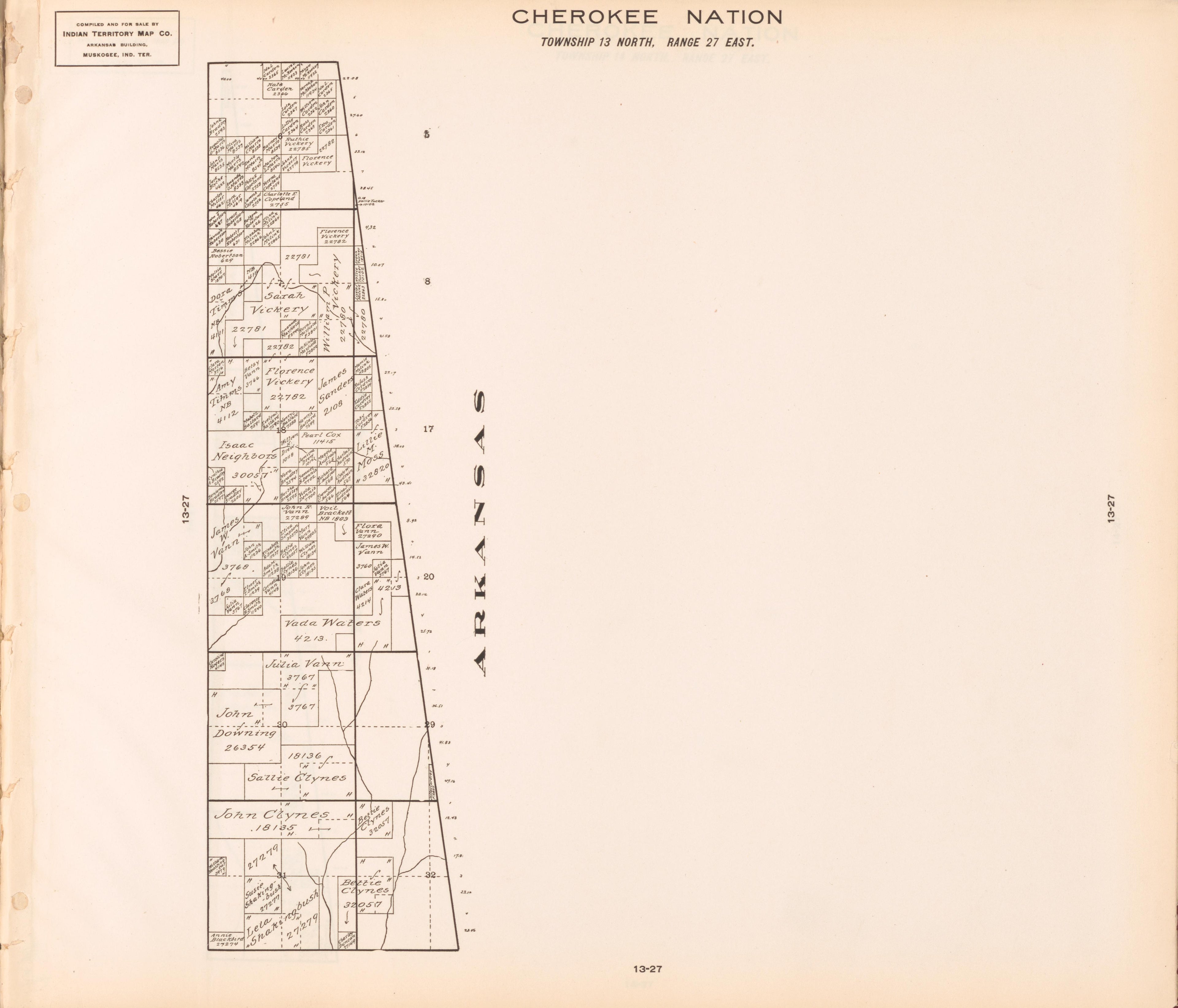 Township 13 North, Range 27 East from Cherokee Nation 1909 by Relic Map Company