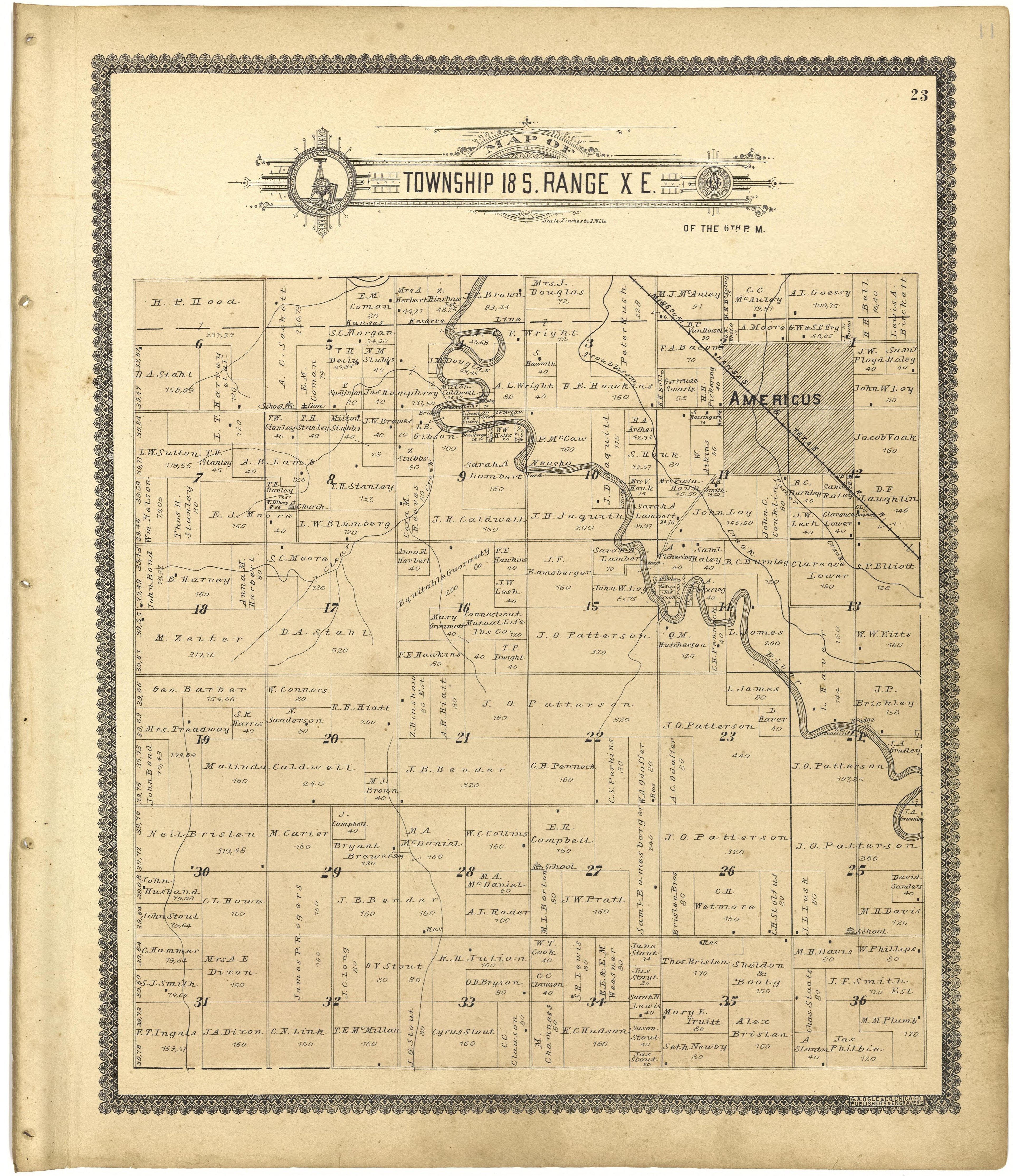 Map of Township 18 S. Range X E. from Standard Atlas of Lyon County, Kansas : Including a Plat Book of the Villages, Cities and Townships of the County, Map of the State, United States and World : Patrons Directory, Reference … 1901 by Relic Map Company