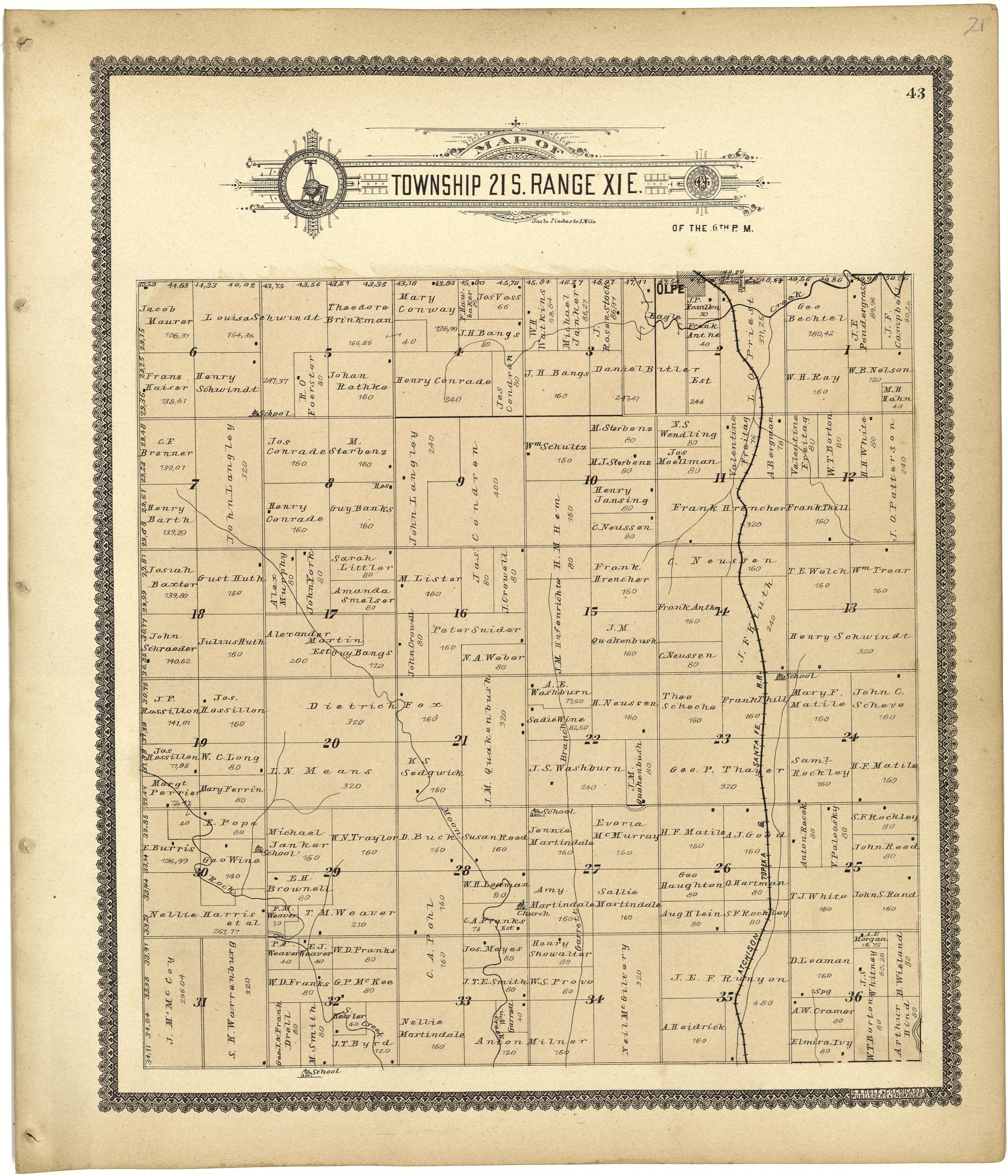 Map of Township 21 S. Range XI E. from Standard Atlas of Lyon County, Kansas : Including a Plat Book of the Villages, Cities and Townships of the County, Map of the State, United States and World : Patrons Directory, Reference … 1901 by Relic Map Company