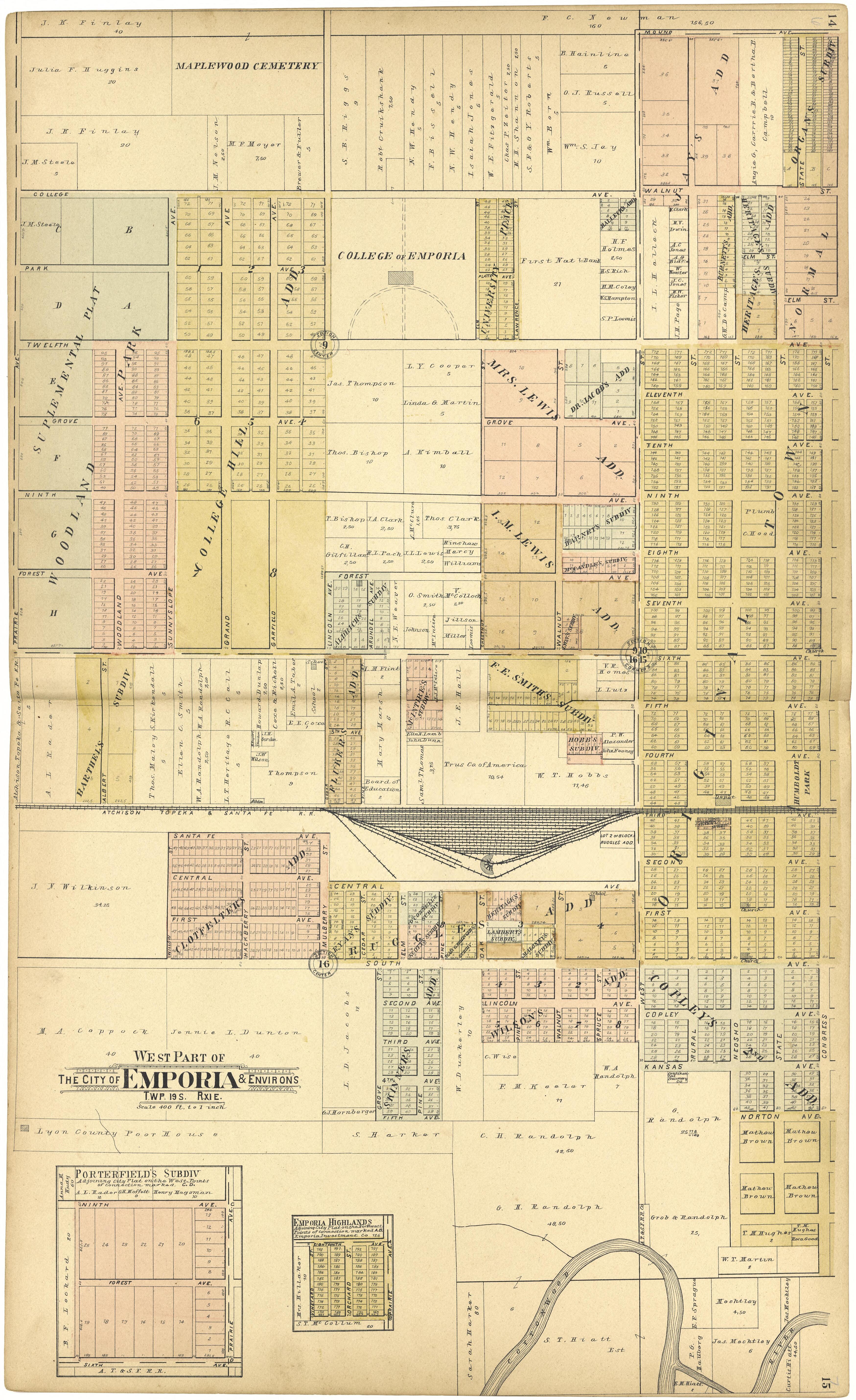 West Part of the City of Emporia & Environs from Standard Atlas of Lyon County, Kansas : Including a Plat Book of the Villages, Cities and Townships of the County, Map of the State, United States and World : Patrons Directory, Reference … 1901 by Relic Map Company