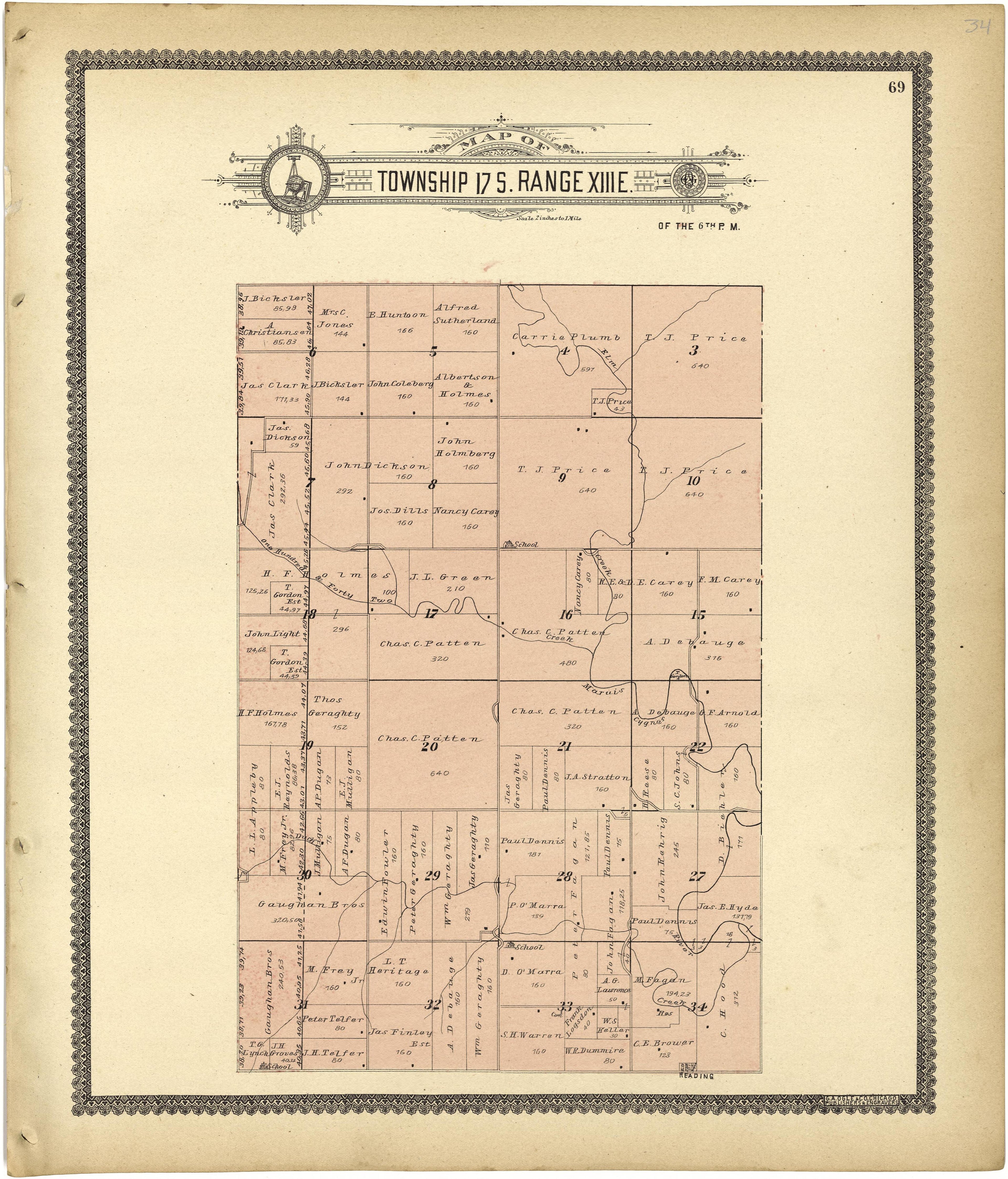 Map of Township 17 S. Range XIII E. from Standard Atlas of Lyon County, Kansas : Including a Plat Book of the Villages, Cities and Townships of the County, Map of the State, United States and World : Patrons Directory, Reference … 1901 by Relic Map Company