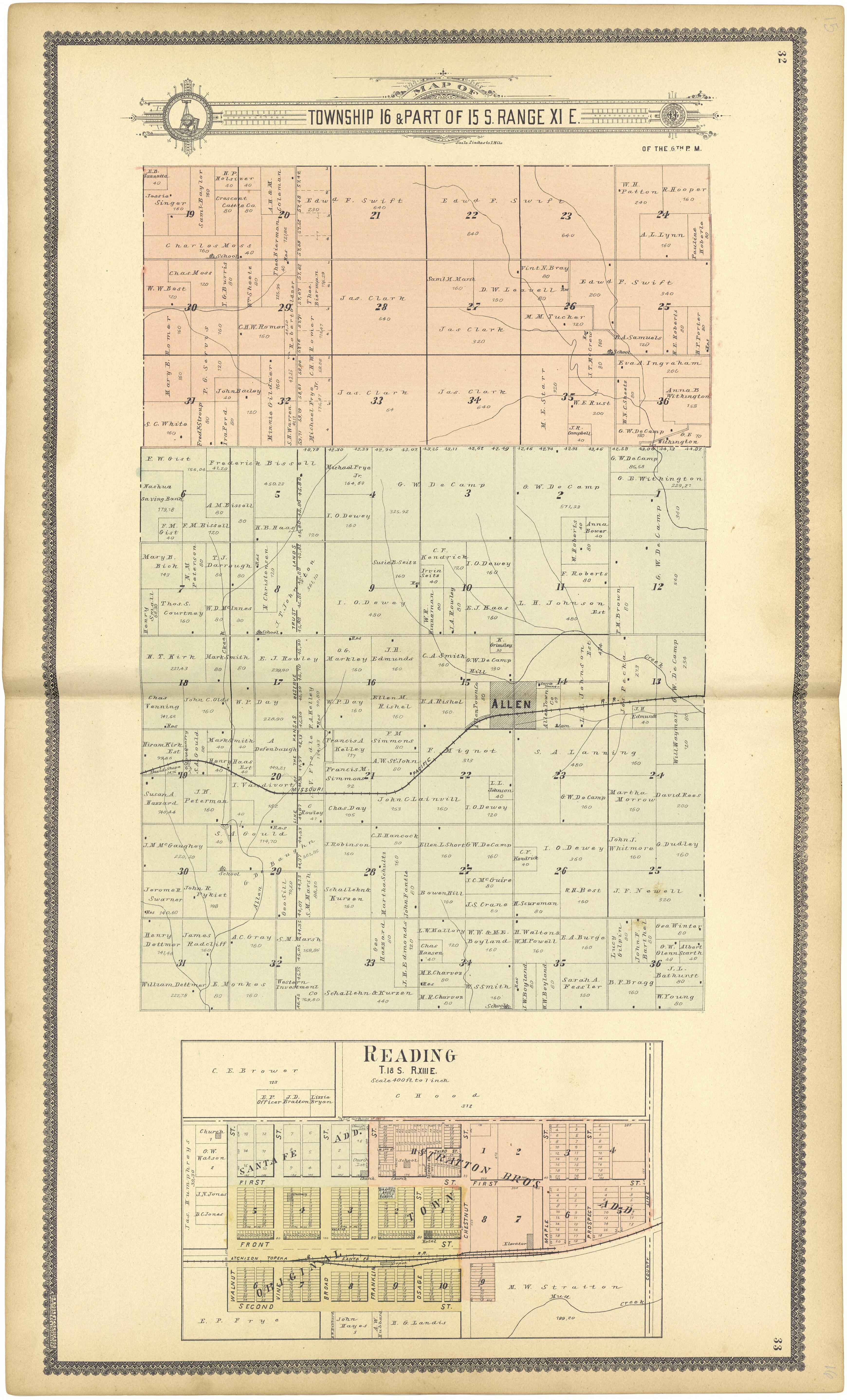 Map of Township 16 & Part of 15 S. Range XI E. from Standard Atlas of Lyon County, Kansas : Including a Plat Book of the Villages, Cities and Townships of the County, Map of the State, United States and World : Patrons Directory, Reference … 1901 by Relic Map Company