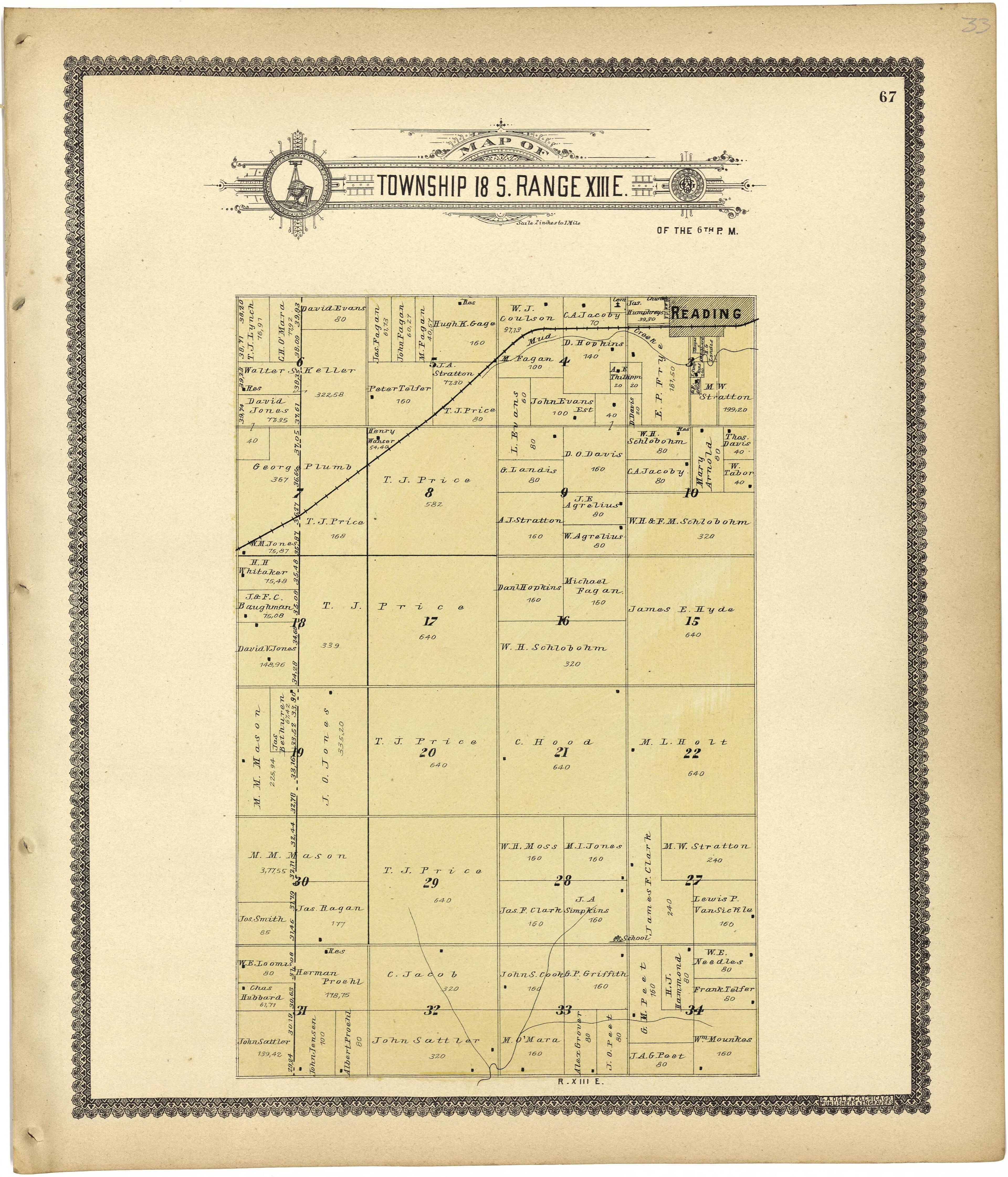 Map of Township 18 S. Range XIII E. from Standard Atlas of Lyon County, Kansas : Including a Plat Book of the Villages, Cities and Townships of the County, Map of the State, United States and World : Patrons Directory, Reference … 1901 by Relic Map Company