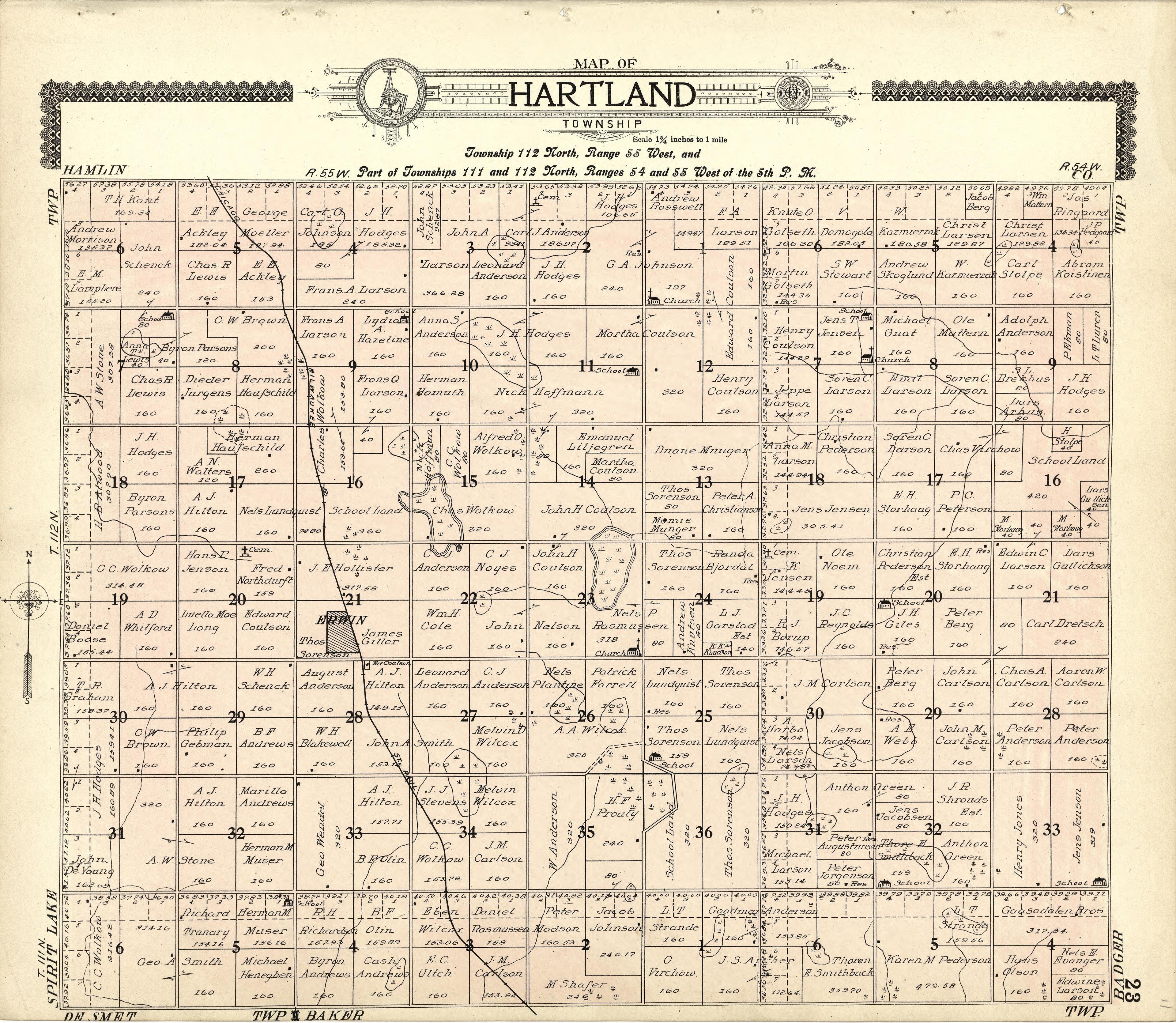 Map of Hartland from Standard Atlas of Kingsbury County, South Dakota : Including a Plat Book of the Villages, Cities and Townships of the County, Map of the State, United States and World : Patrons Directory, … 1909 by Relic Map Company