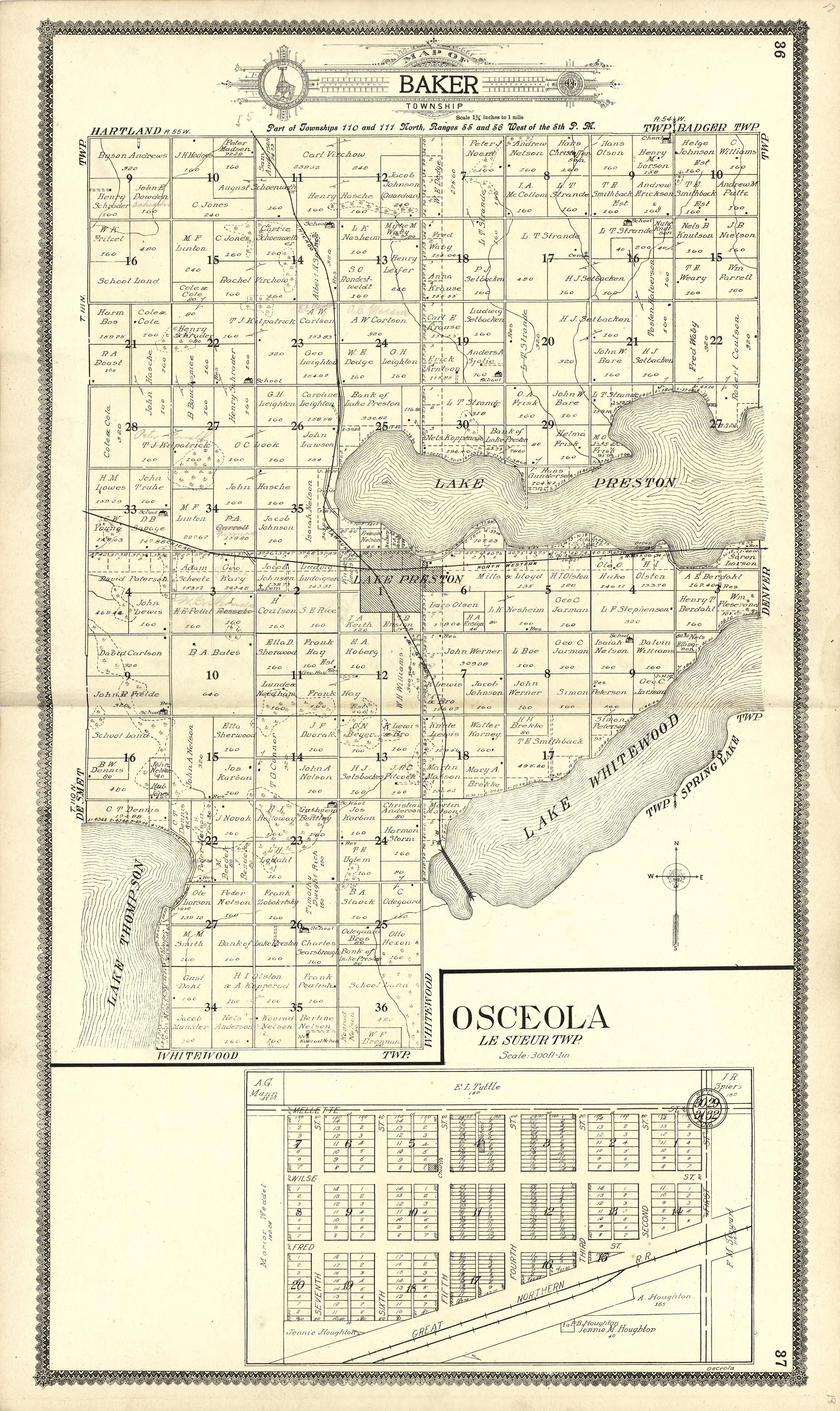 Map of Baker; Osceola from Standard Atlas of Kingsbury County, South Dakota : Including a Plat Book of the Villages, Cities and Townships of the County, Map of the State, United States and World : Patrons Directory, … 1909 by Relic Map Company