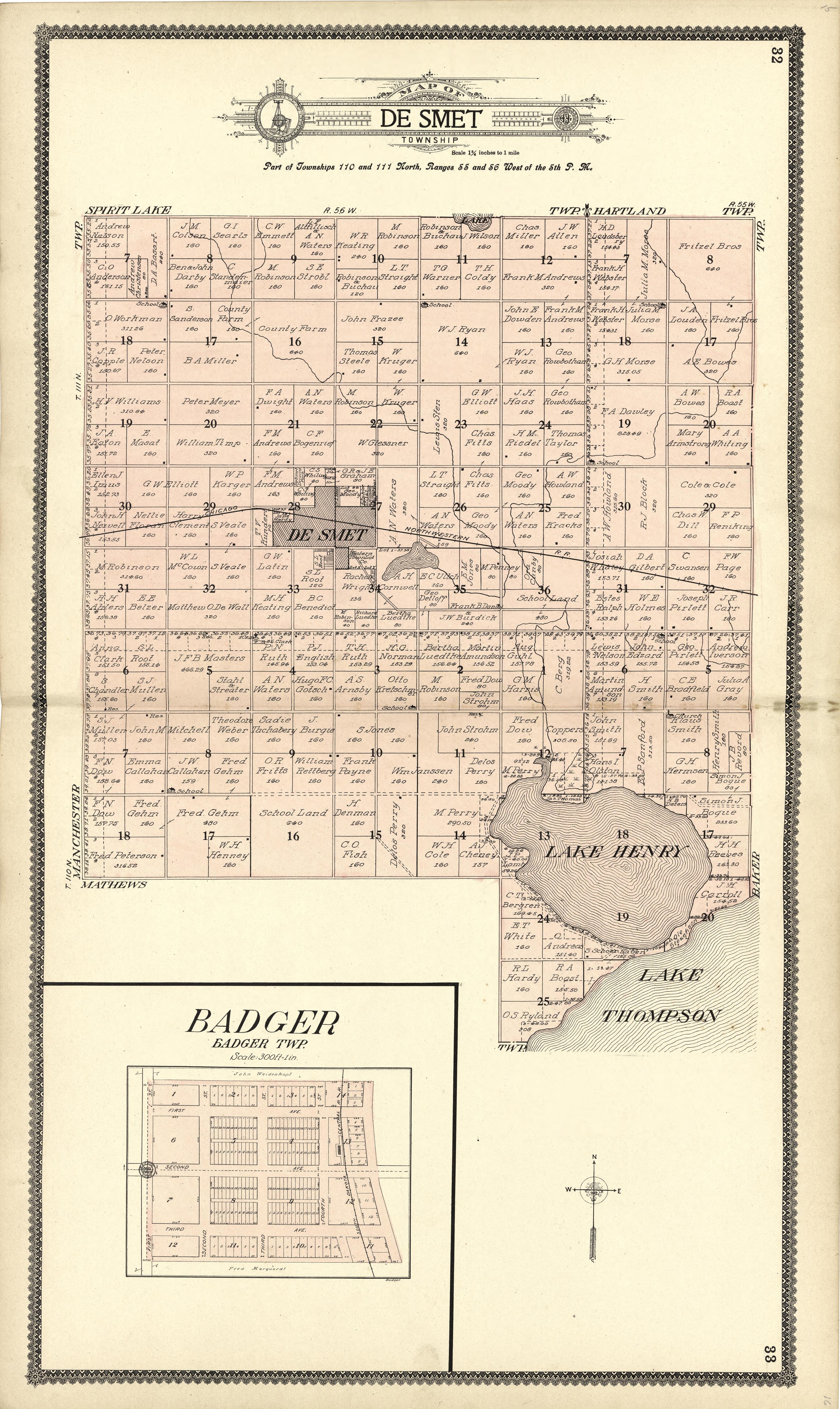 Map of DeSmet; Badger from Standard Atlas of Kingsbury County, South Dakota : Including a Plat Book of the Villages, Cities and Townships of the County, Map of the State, United States and World : Patrons Directory, … 1909 by Relic Map Company