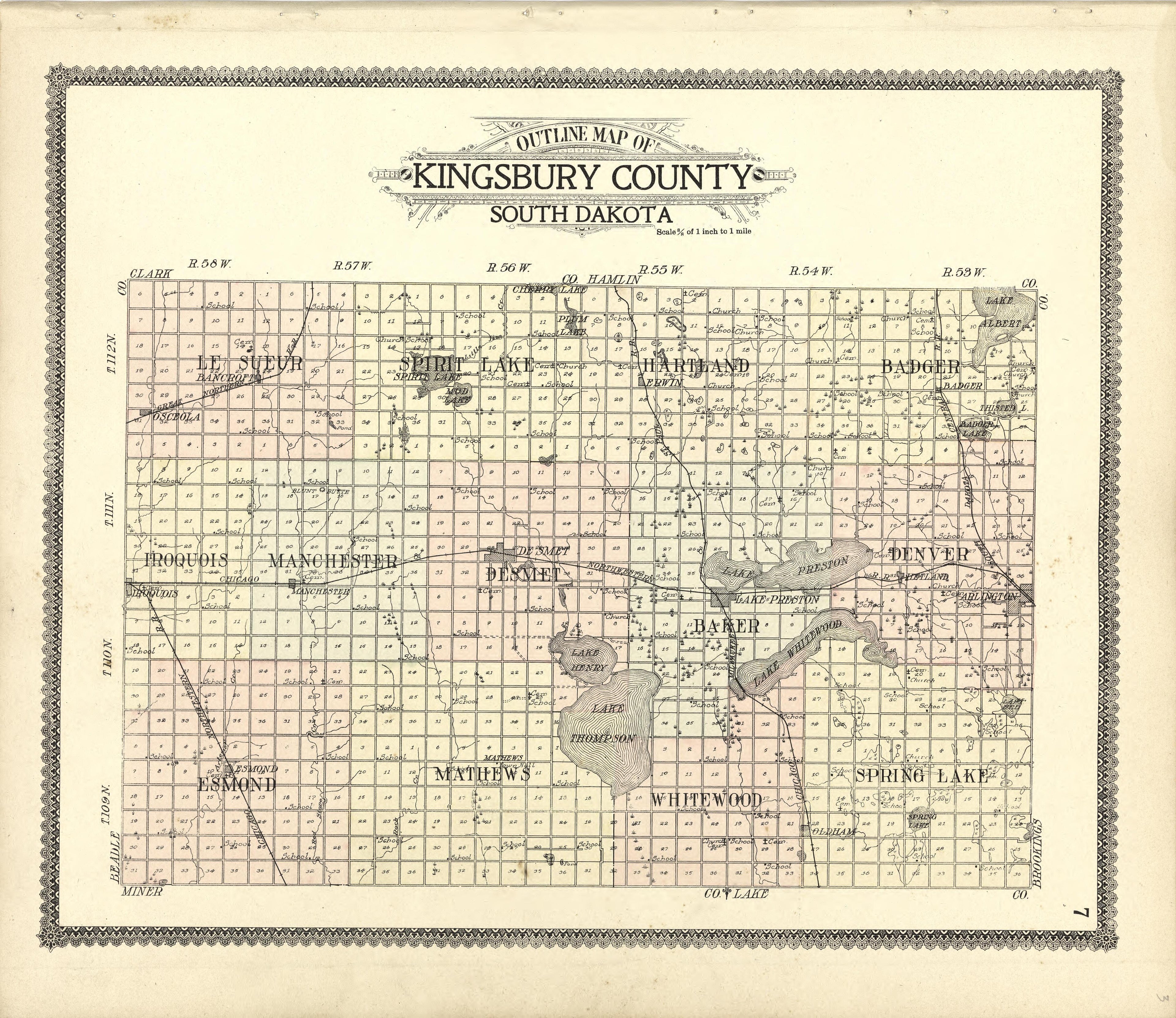 Outline Map of Kingsbury County from Standard Atlas of Kingsbury County, South Dakota : Including a Plat Book of the Villages, Cities and Townships of the County, Map of the State, United States and World : Patrons Directory, … 1909 by Relic Map Company