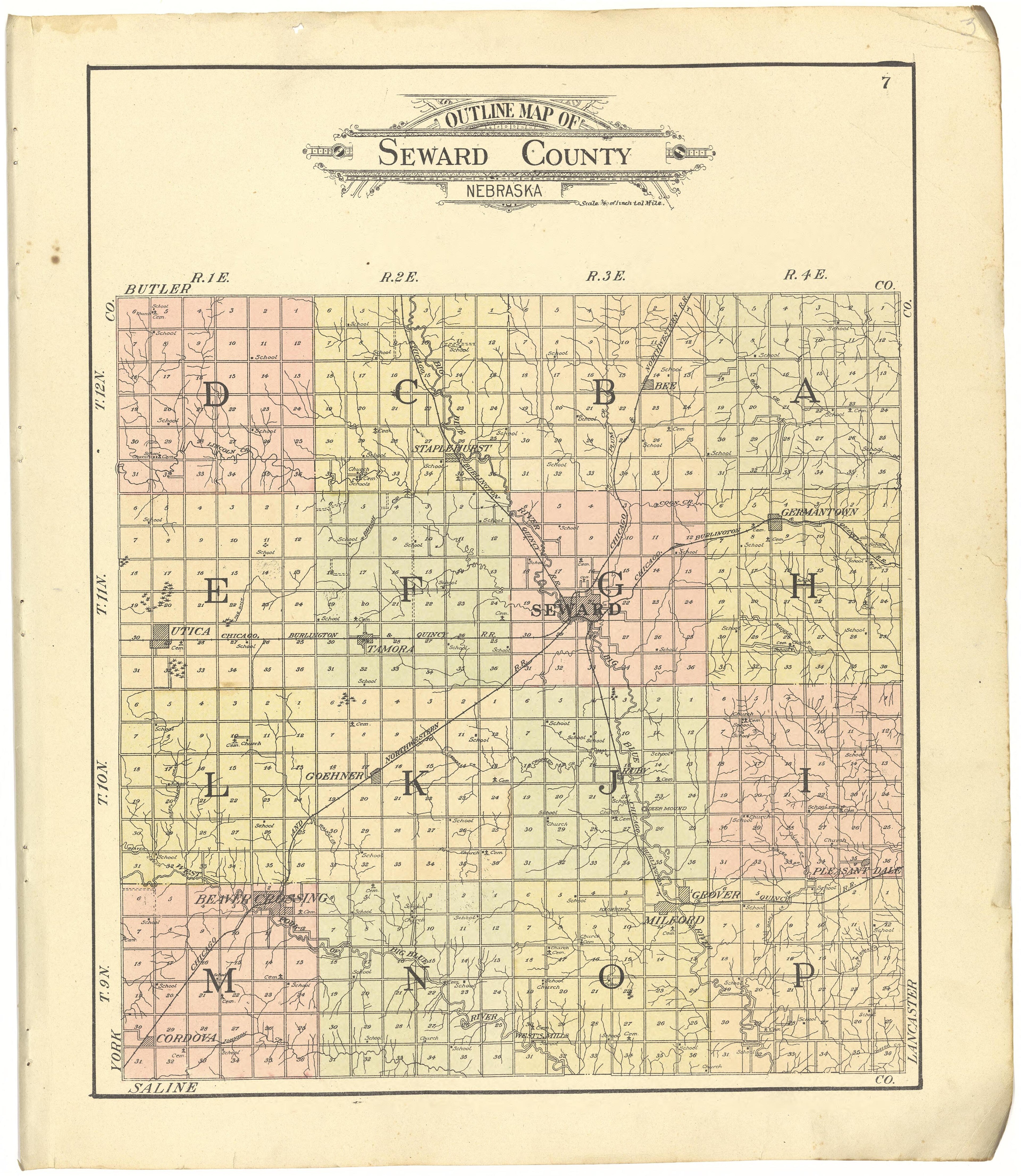 Outline Map of Seward County, Nebraska from Standard Atlas of Seward County, Nebraska : Including a Plat Book of the Villages, Cities and Townships of the County, Map of the State, United States and World, Patrons Directory, Reference Business … 1908 by Relic Map Company