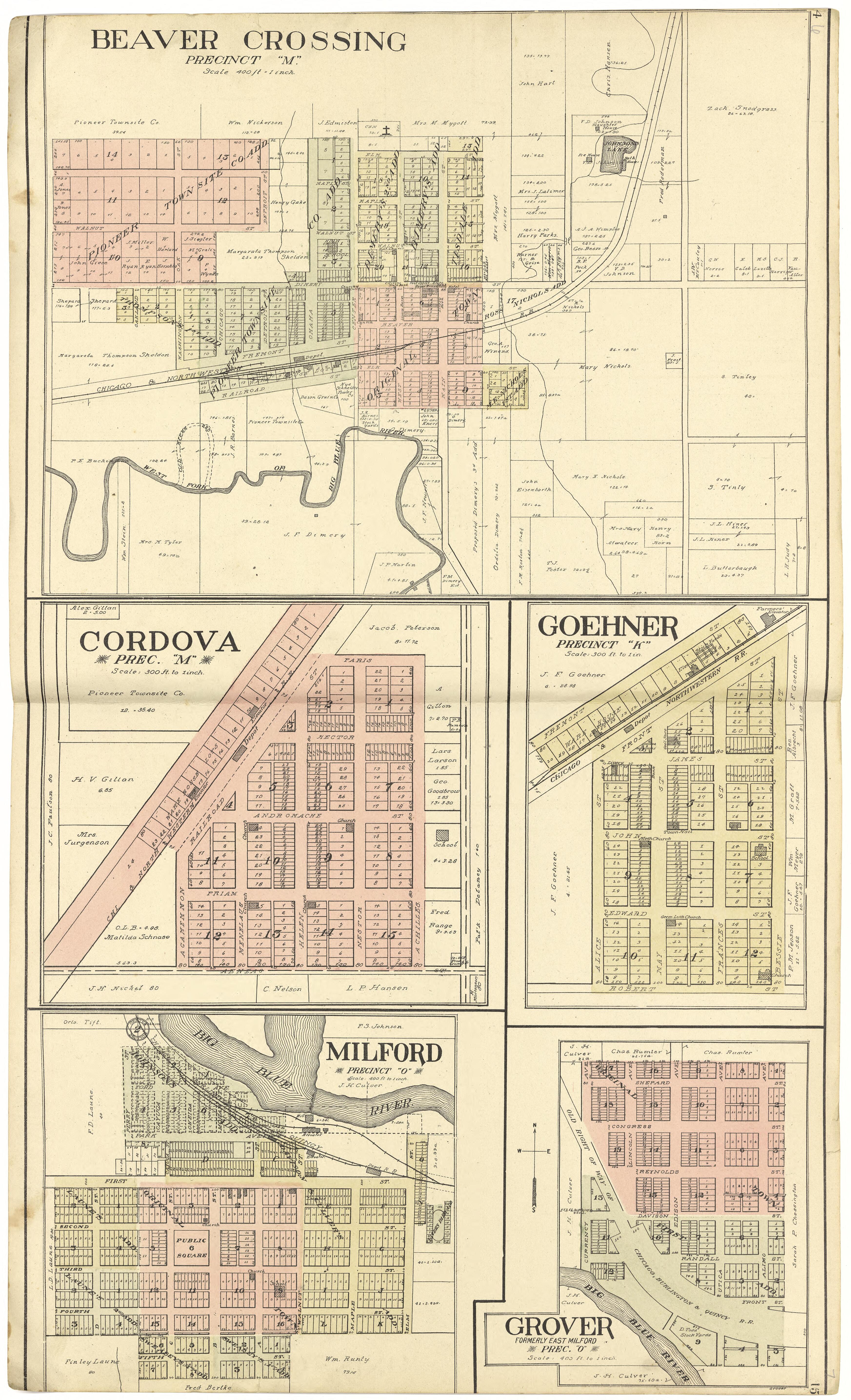 Beaver Crossing; Cordova; Goehner; Milford; Grover from Standard Atlas of Seward County, Nebraska : Including a Plat Book of the Villages, Cities and Townships of the County, Map of the State, United States and World, Patrons Directory, Reference Busi... by Relic Map Company