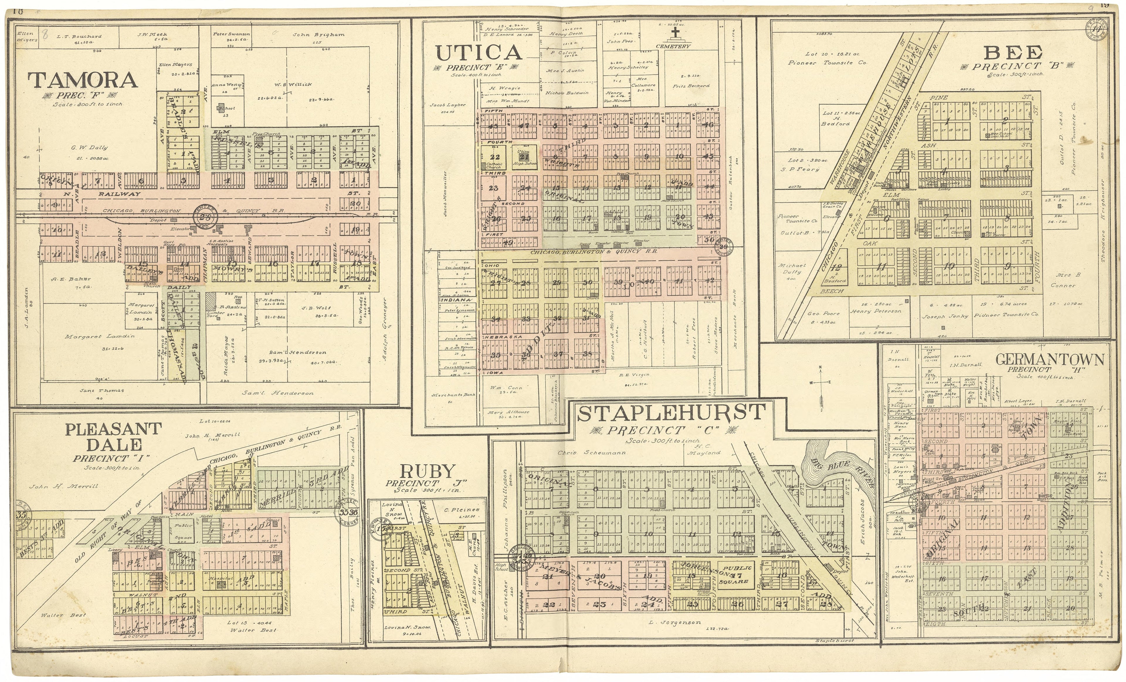 Tamora; Utica; Bee; Pleasant Dale; Ruby; Staplehurst; Germantown from Standard Atlas of Seward County, Nebraska : Including a Plat Book of the Villages, Cities and Townships of the County, Map of the State, United States and World, Patrons Directory, ... by Relic Map Company