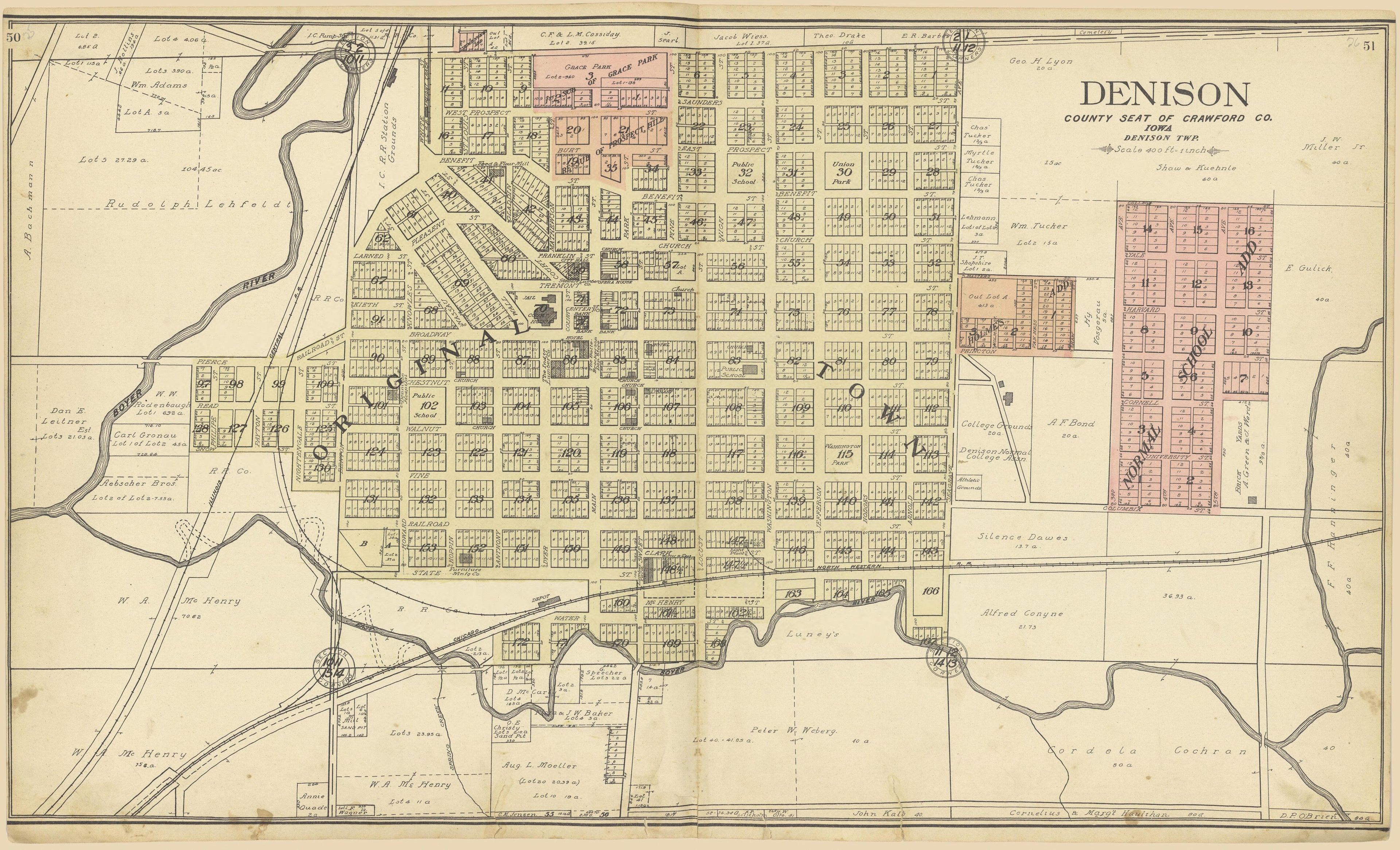 Denison, County Seat of Crawford County, Iowa; Denison Township from Standard Atlas of Crawford County, Iowa : Including a Plat Book of the Villages, Cities and Townships of the County, Map of the State, United States and World, Patrons Directory, Ref... by Relic Map Company