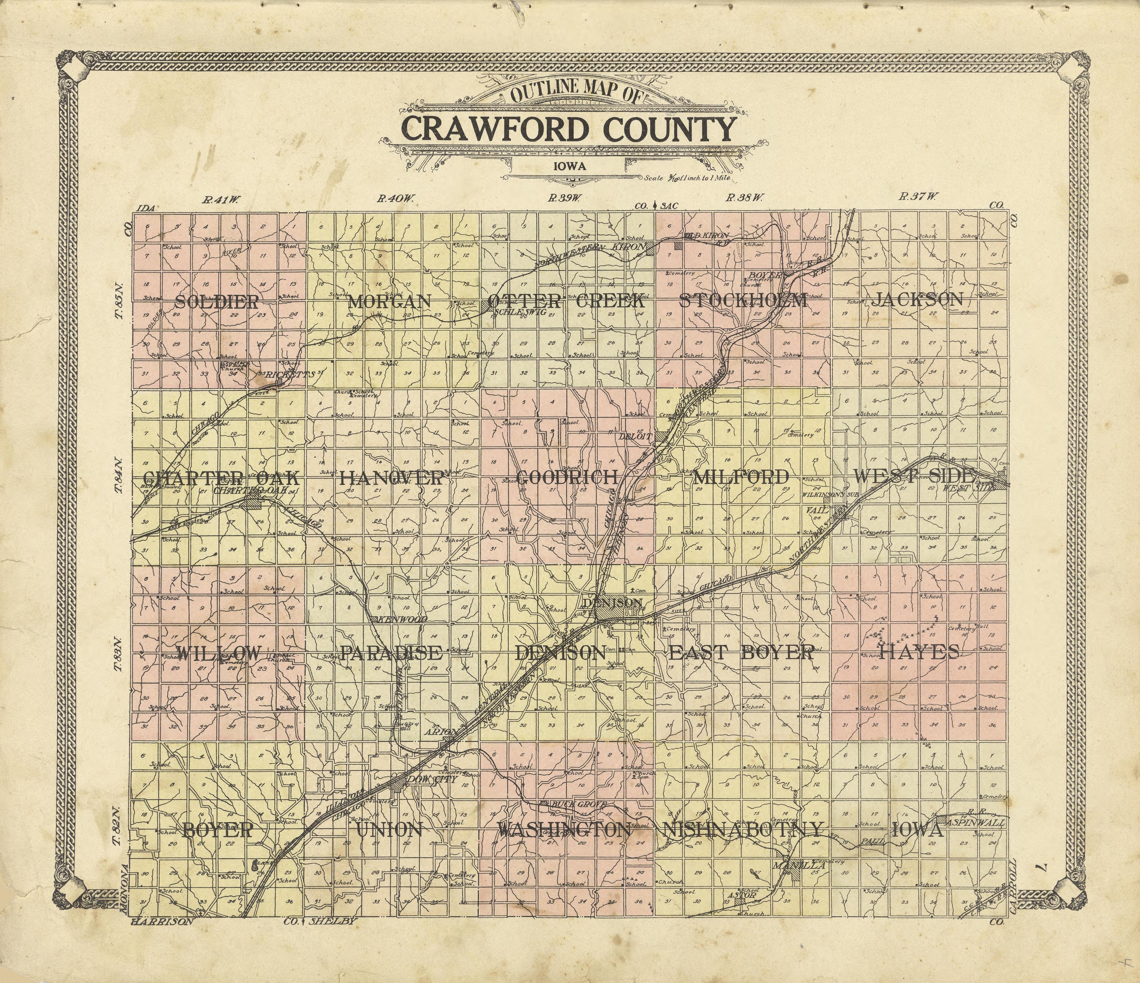 Outline Map of Crawford County, Iowa from Standard Atlas of Crawford County, Iowa : Including a Plat Book of the Villages, Cities and Townships of the County, Map of the State, United States and World, Patrons Directory, Reference Business … 1908 by Relic Map Company