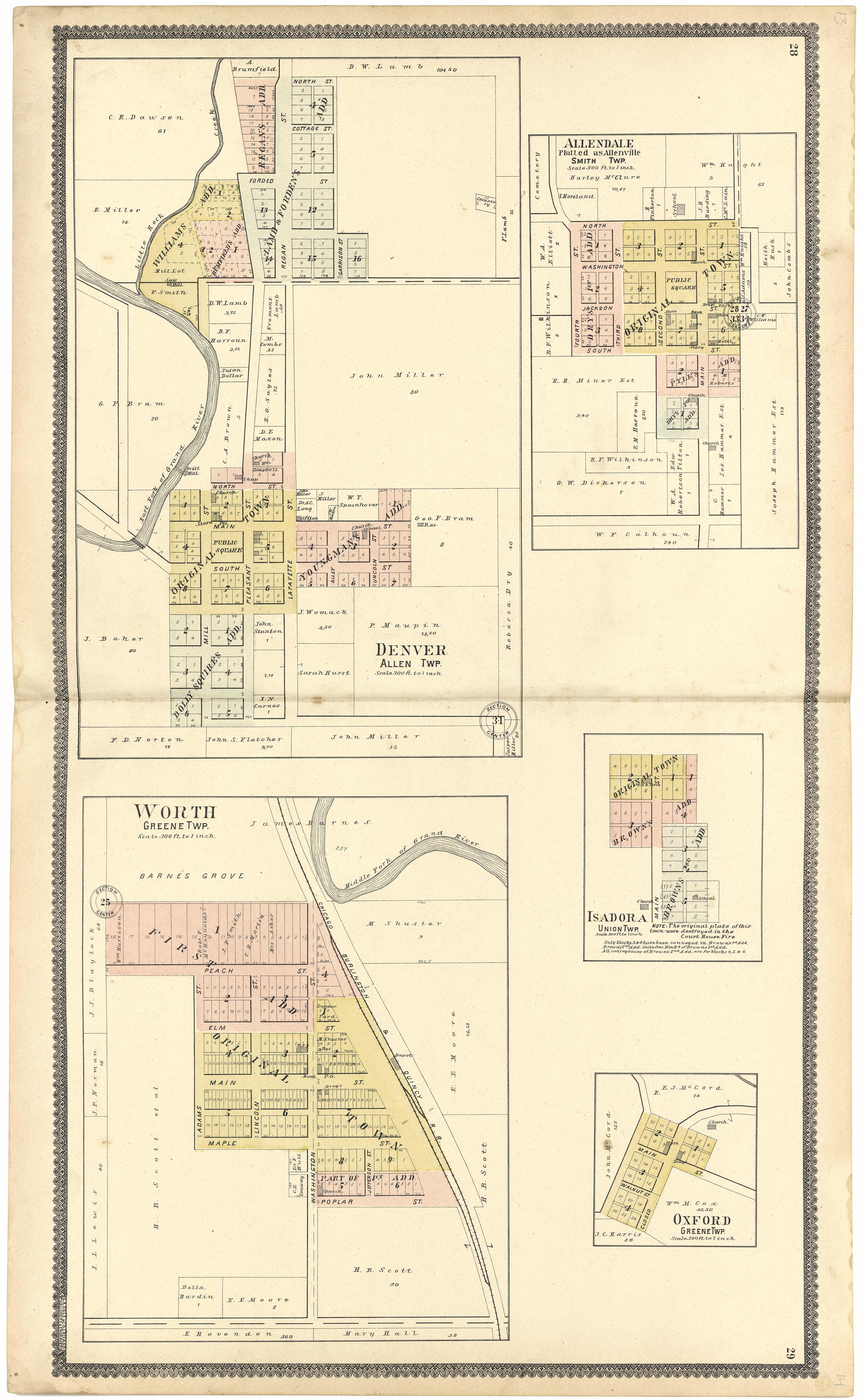 Denver; Allendale; Worth; Isadora; Oxford from Standard Atlas of Worth County, Missouri : Including a Plat Book of the Villages, Cities and Townships of the County, Map of the State, United States and World, Patrons Directory, Reference Business … 1902 by Relic Map Company