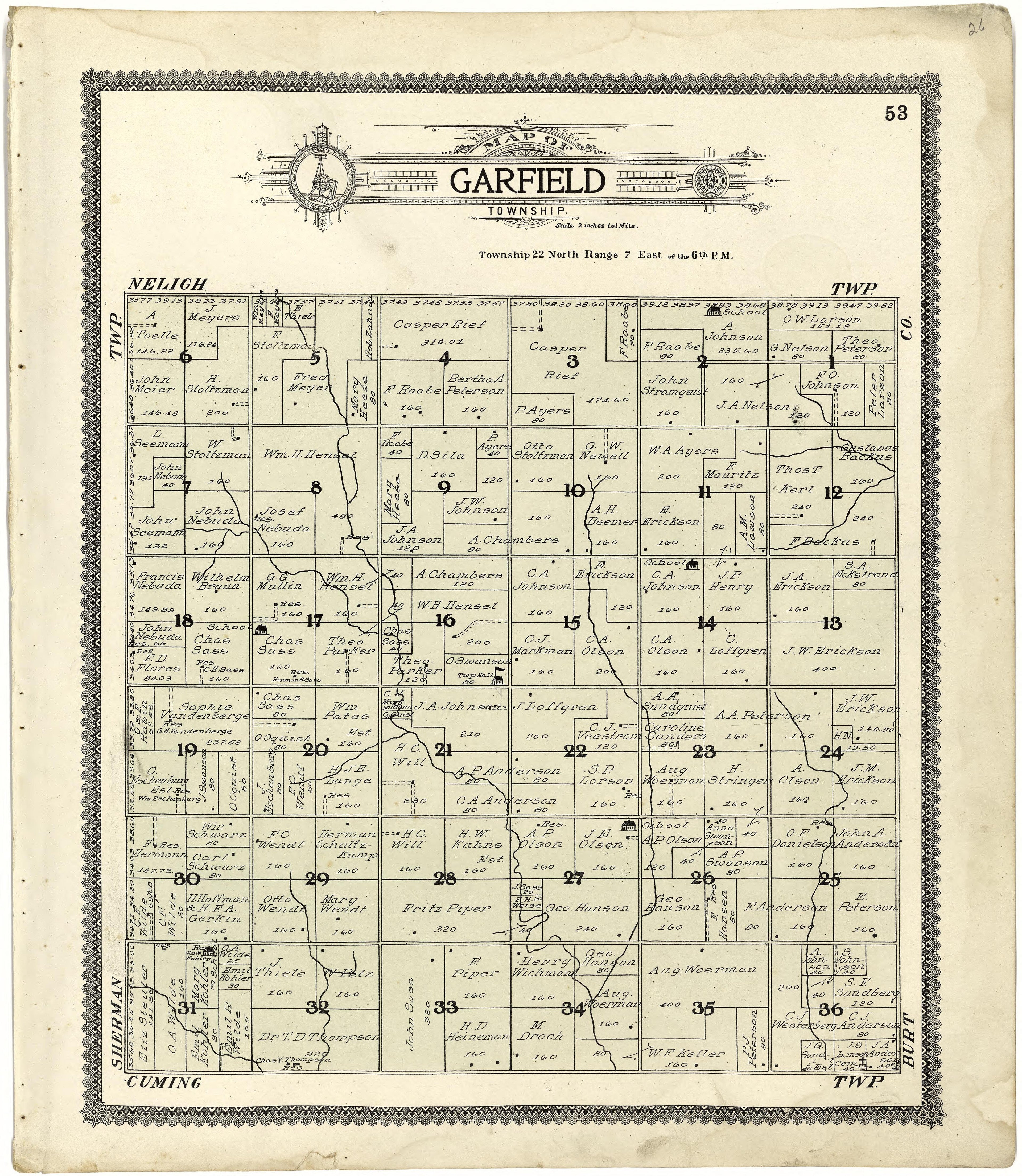 Map of Garfield Township from Standard Atlas of Cuming County, Nebraska : Including a Plat Book of the Villages, Cities and Townships of the County, Map of the State, United States and World, Patrons Directory, Reference Business … 1908 by Relic Map Company