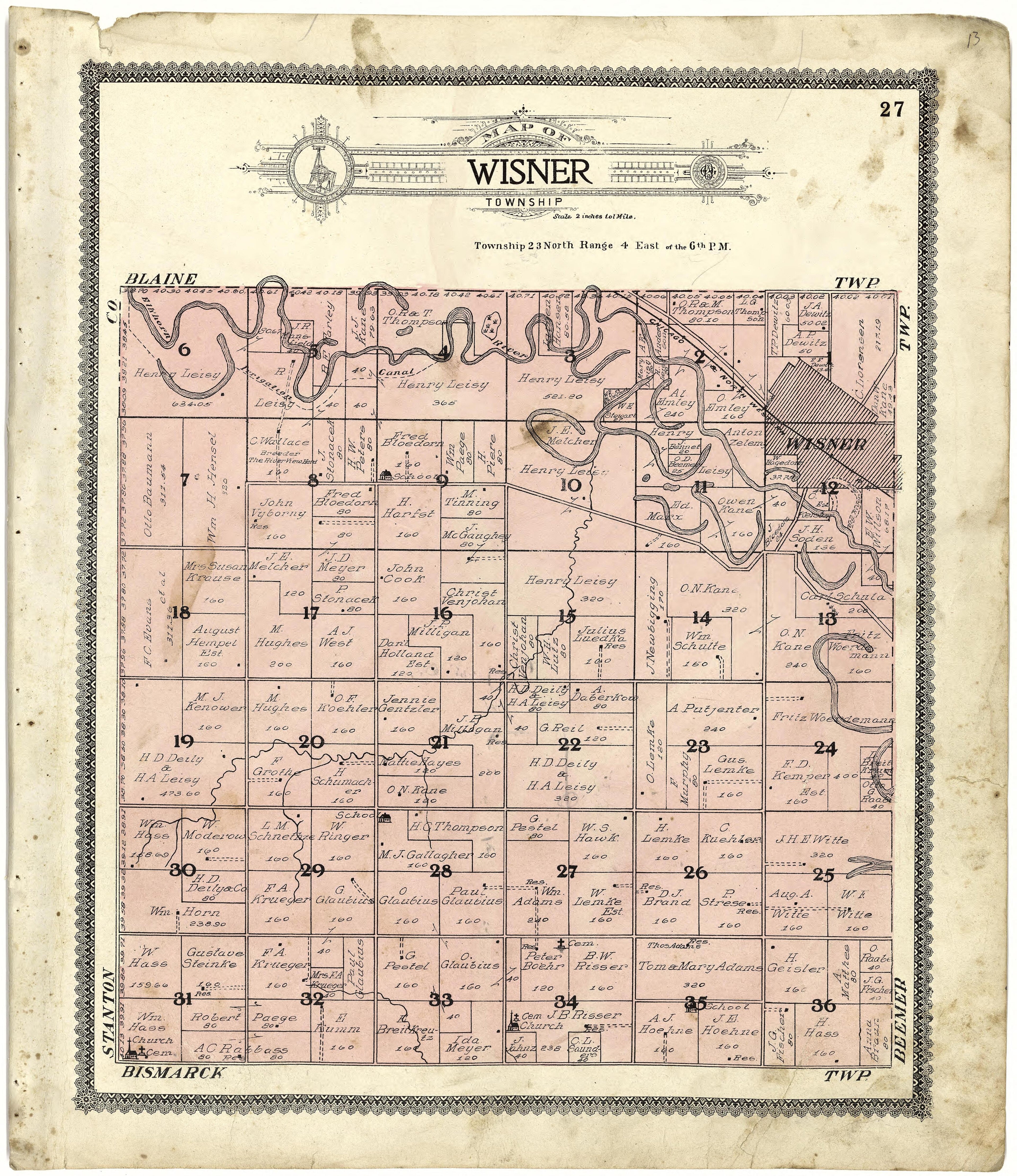 Map of Wisner Township from Standard Atlas of Cuming County, Nebraska : Including a Plat Book of the Villages, Cities and Townships of the County, Map of the State, United States and World, Patrons Directory, Reference Business … 1908 by Relic Map Company