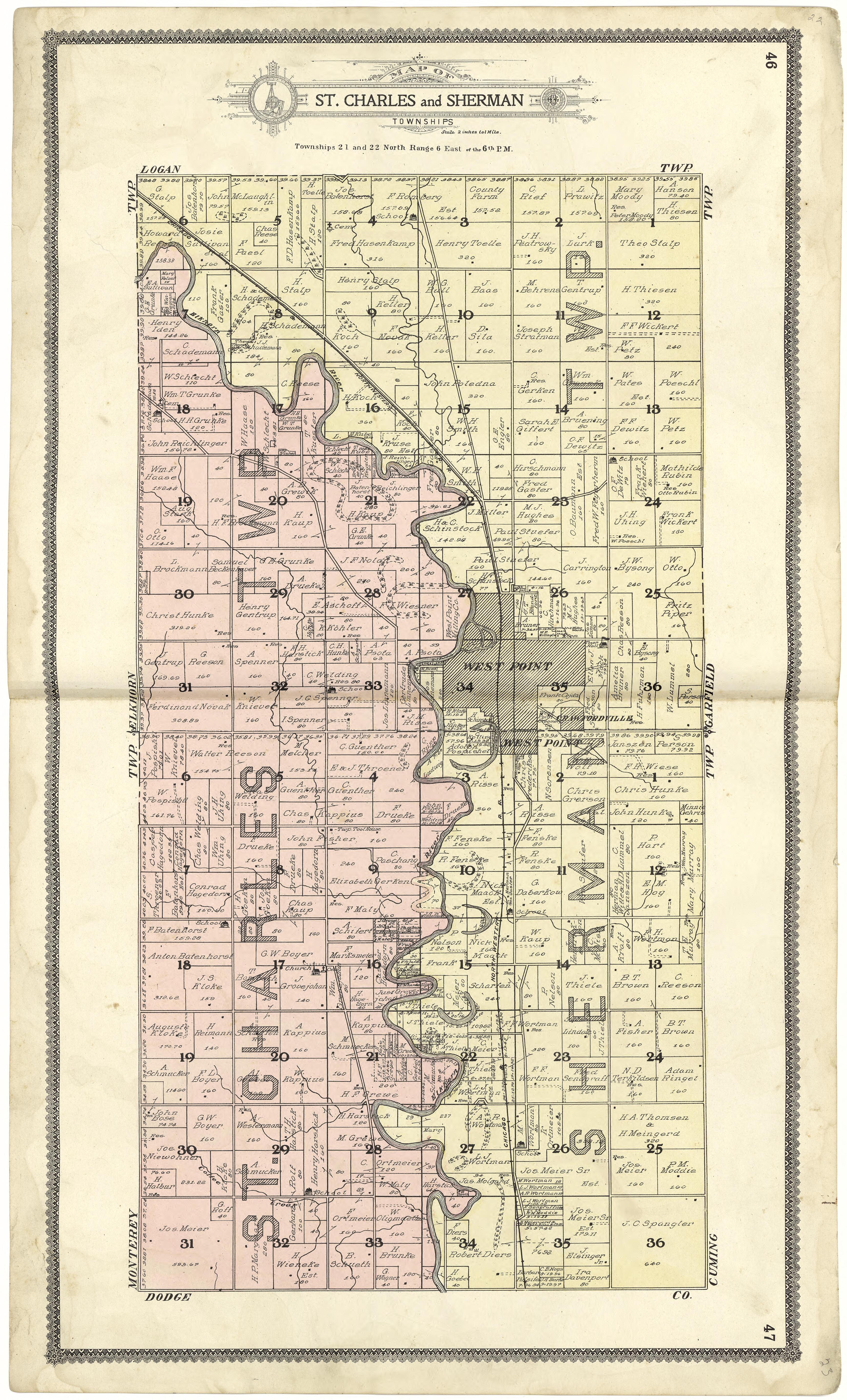 Map of St. Charles and Sherman Township from Standard Atlas of Cuming County, Nebraska : Including a Plat Book of the Villages, Cities and Townships of the County, Map of the State, United States and World, Patrons Directory, Reference Business … 1908 by Relic Map Company