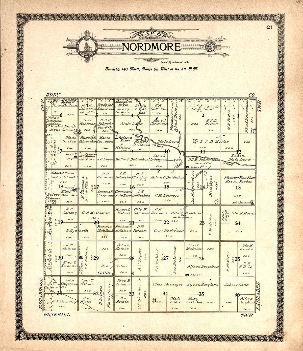 Nordmore from Standard Atlas of Foster County, North Dakota : Including a Plat Book of the Villages, Cities and Townships of the County, Map of the State, United States and World : Patrons Directory, … 1910 by Relic Map Company