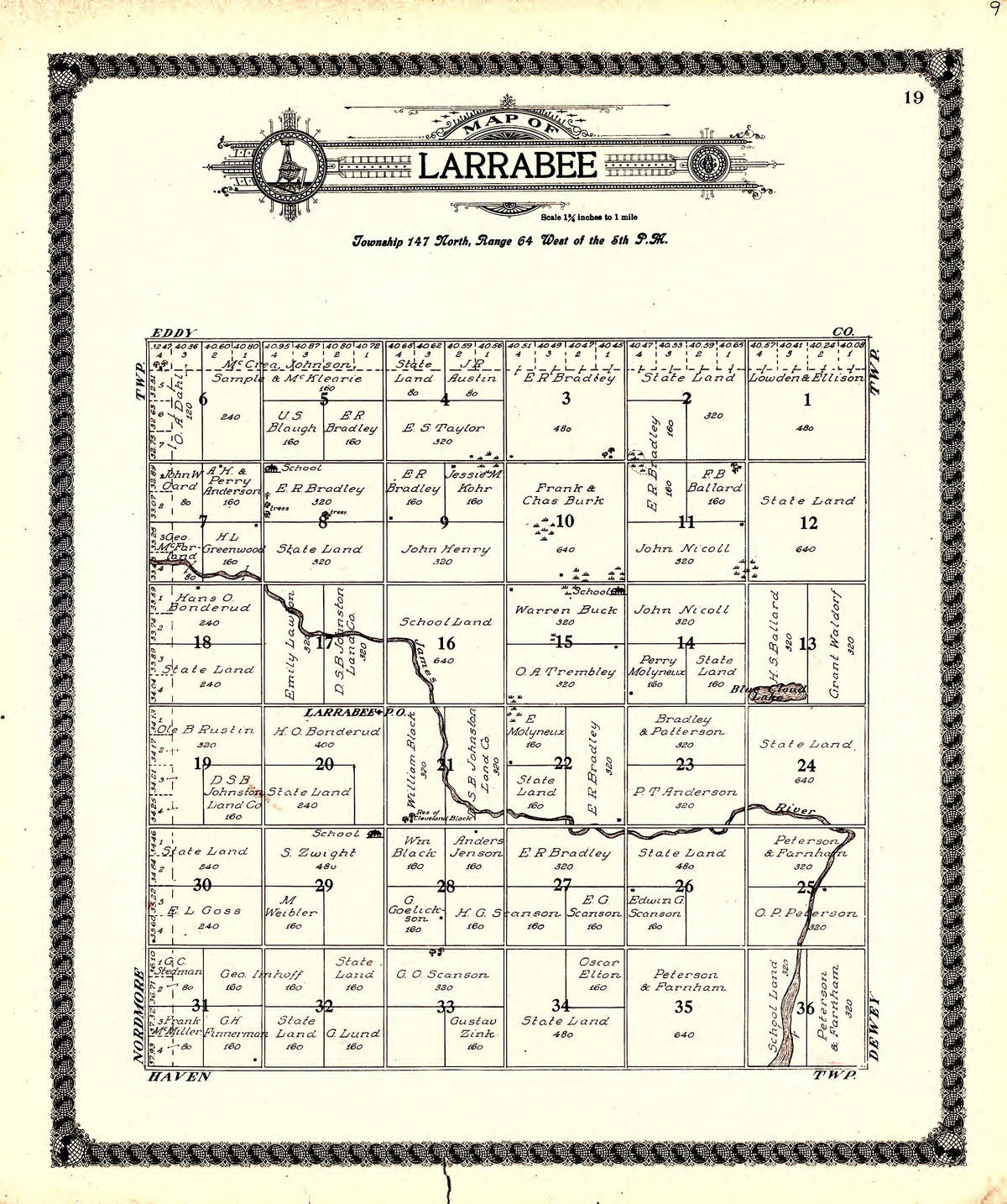 Larrabee from Standard Atlas of Foster County, North Dakota : Including a Plat Book of the Villages, Cities and Townships of the County, Map of the State, United States and World : Patrons Directory, … 1910 by Relic Map Company
