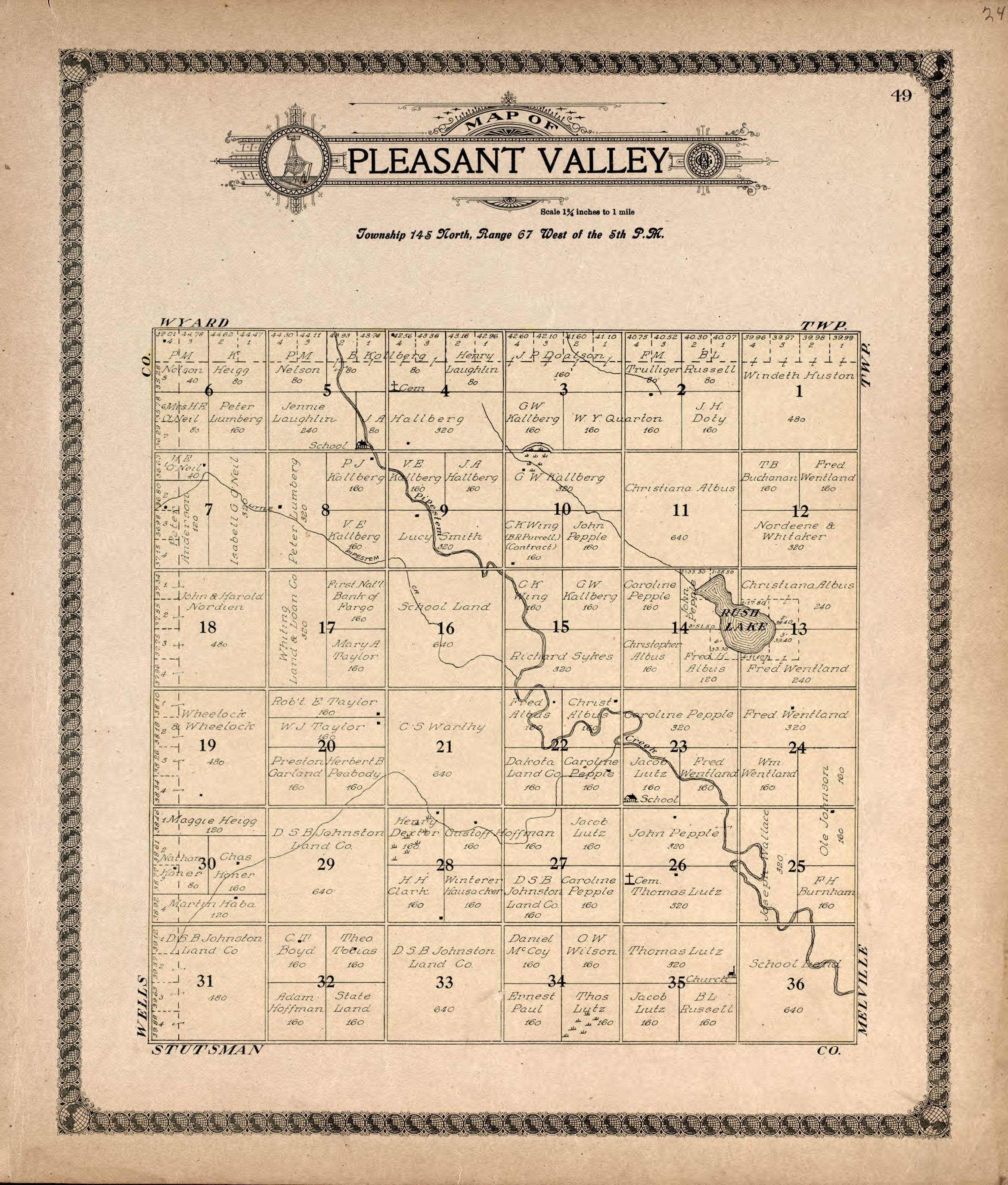 Pleasant Valley from Standard Atlas of Foster County, North Dakota : Including a Plat Book of the Villages, Cities and Townships of the County, Map of the State, United States and World : Patrons Directory, … 1910 by Relic Map Company