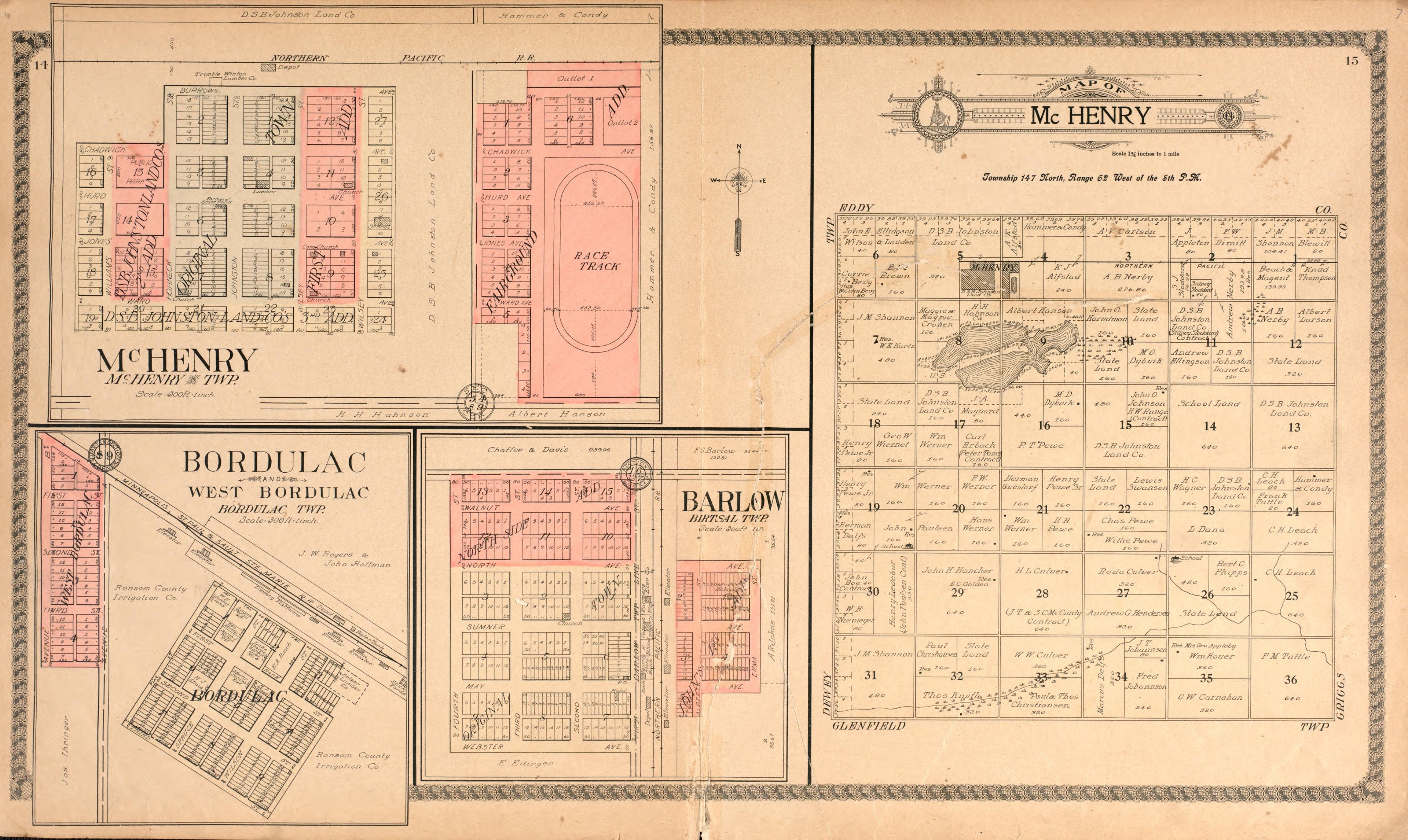 McHenry/ Barlow/ Bordulac from Standard Atlas of Foster County, North Dakota : Including a Plat Book of the Villages, Cities and Townships of the County, Map of the State, United States and World : Patrons Directory, … 1910 by Relic Map Company
