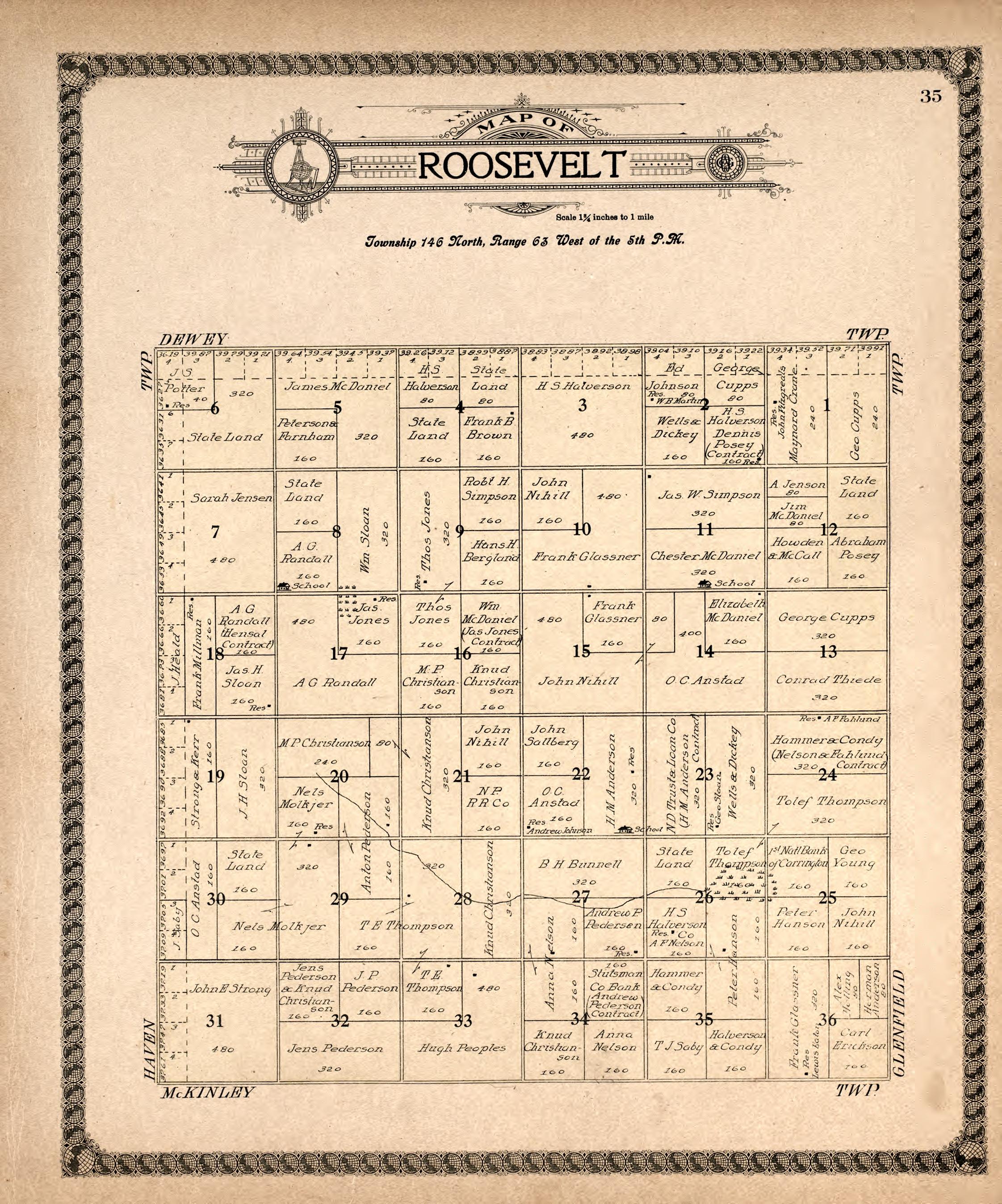 Roosevelt from Standard Atlas of Foster County, North Dakota : Including a Plat Book of the Villages, Cities and Townships of the County, Map of the State, United States and World : Patrons Directory, … 1910 by Relic Map Company