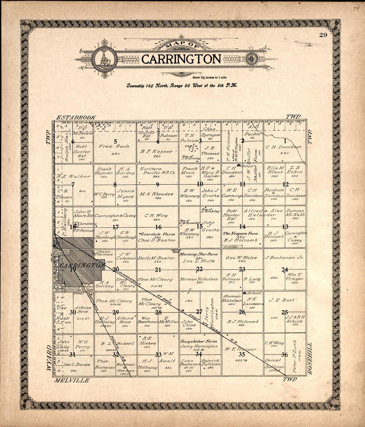 Carrington from Standard Atlas of Foster County, North Dakota : Including a Plat Book of the Villages, Cities and Townships of the County, Map of the State, United States and World : Patrons Directory, … 1910 by Relic Map Company