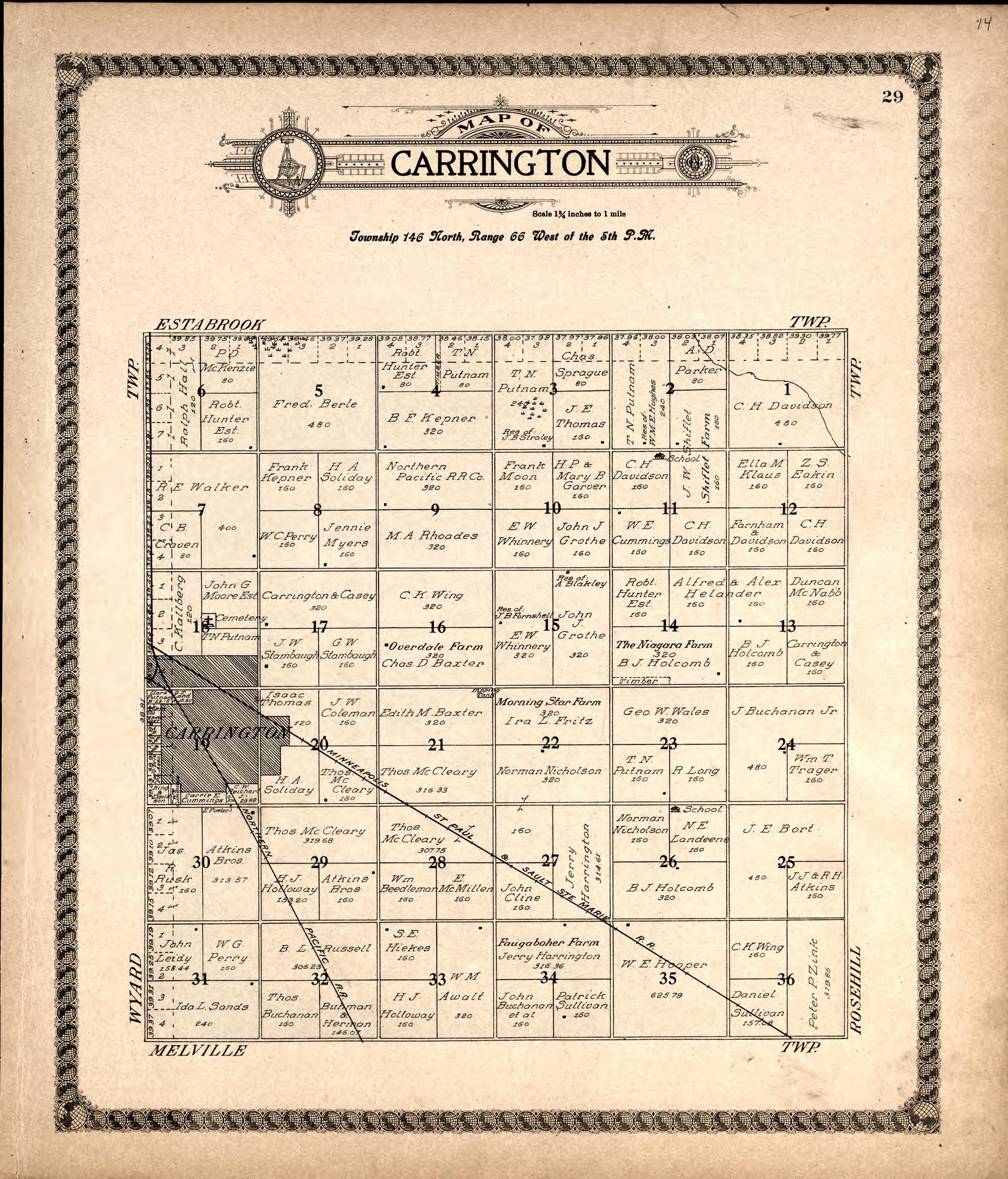 Carrington from Standard Atlas of Foster County, North Dakota : Including a Plat Book of the Villages, Cities and Townships of the County, Map of the State, United States and World : Patrons Directory, … 1910 by Relic Map Company
