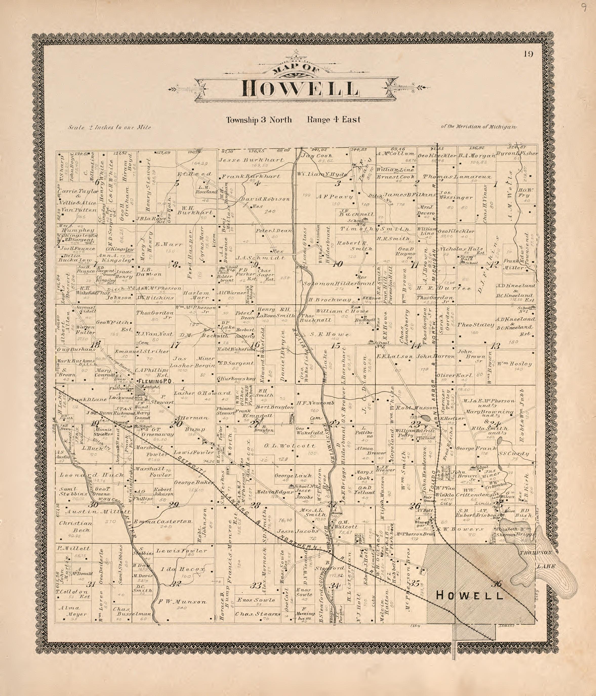 Howell from Standard Atlas of Livingston County, Michigan : Including a Plat Book of the Villages, Cities and Townships of the County, Map of the State, United States and World, Farmers Directory, Reference Business … 1895 by Relic Map Company