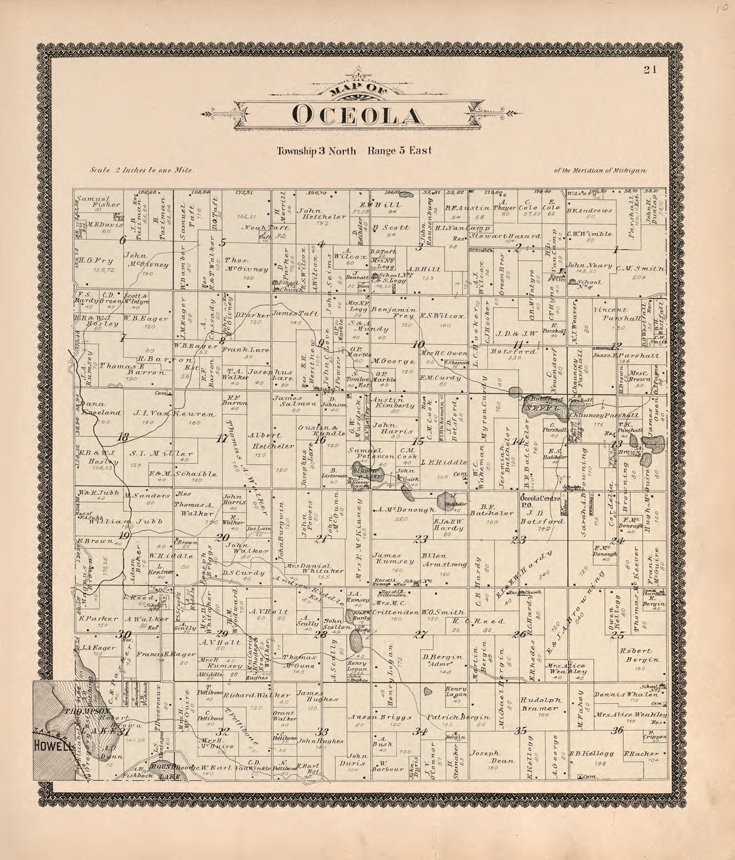 Oceola from Standard Atlas of Livingston County, Michigan : Including a Plat Book of the Villages, Cities and Townships of the County, Map of the State, United States and World, Farmers Directory, Reference Business … 1895 by Relic Map Company